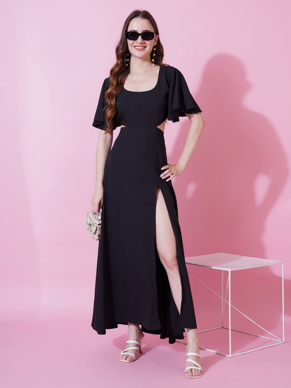 Jyoti Fashion Women's Black Crepe Waist Cut Flared Western Dress | Swadesiicart