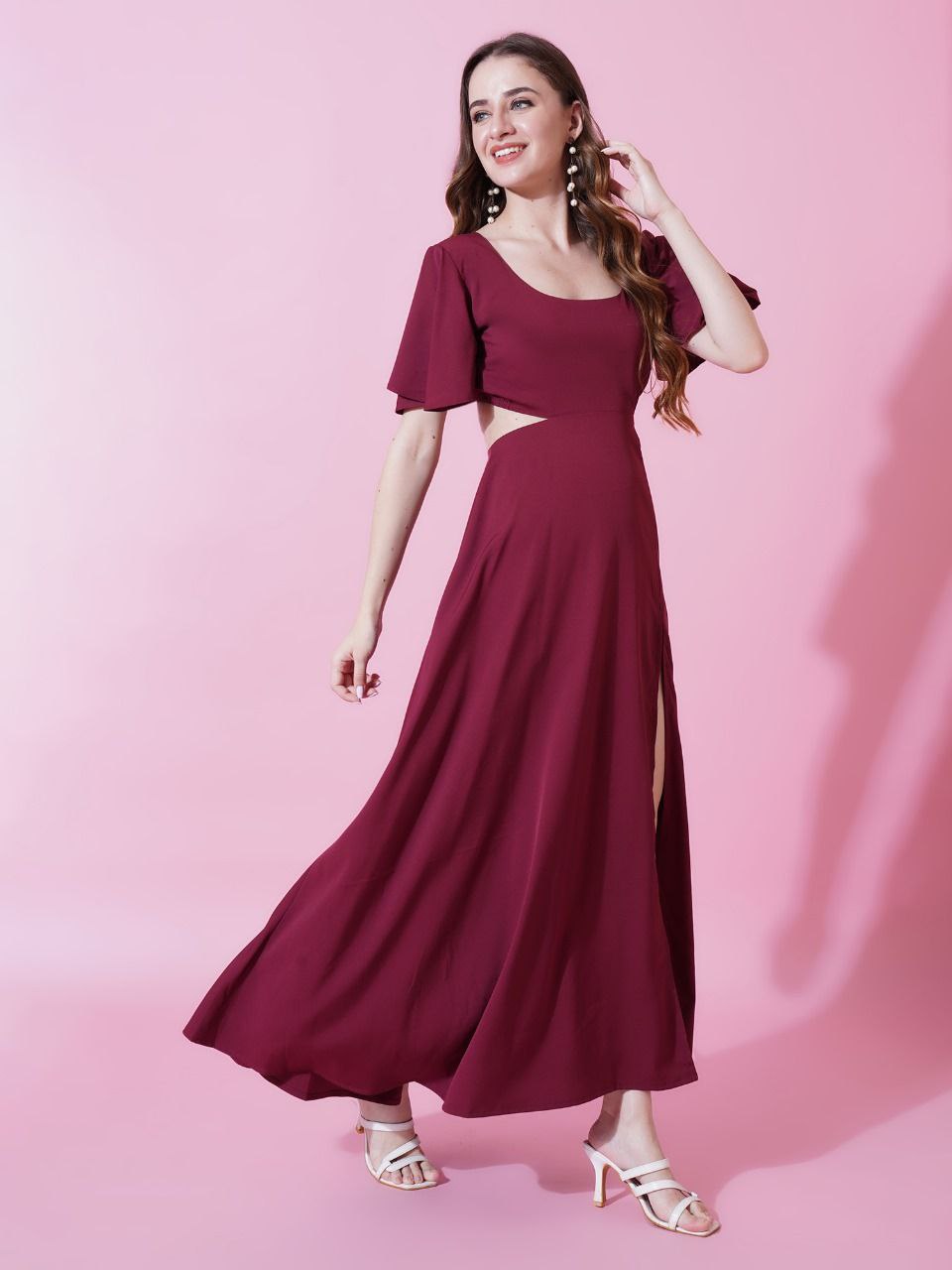 Jyoti Fashion Women's Maroon Crepe Waist Cut Flared Western Dress | Swadesiicart