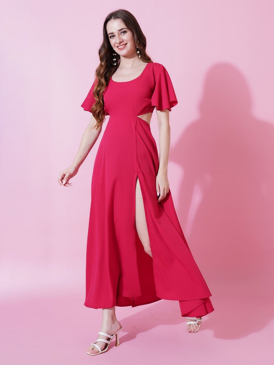 Jyoti Fashion Women's Pink Crepe Waist Cut Flared Western Dress | Swadesiicart