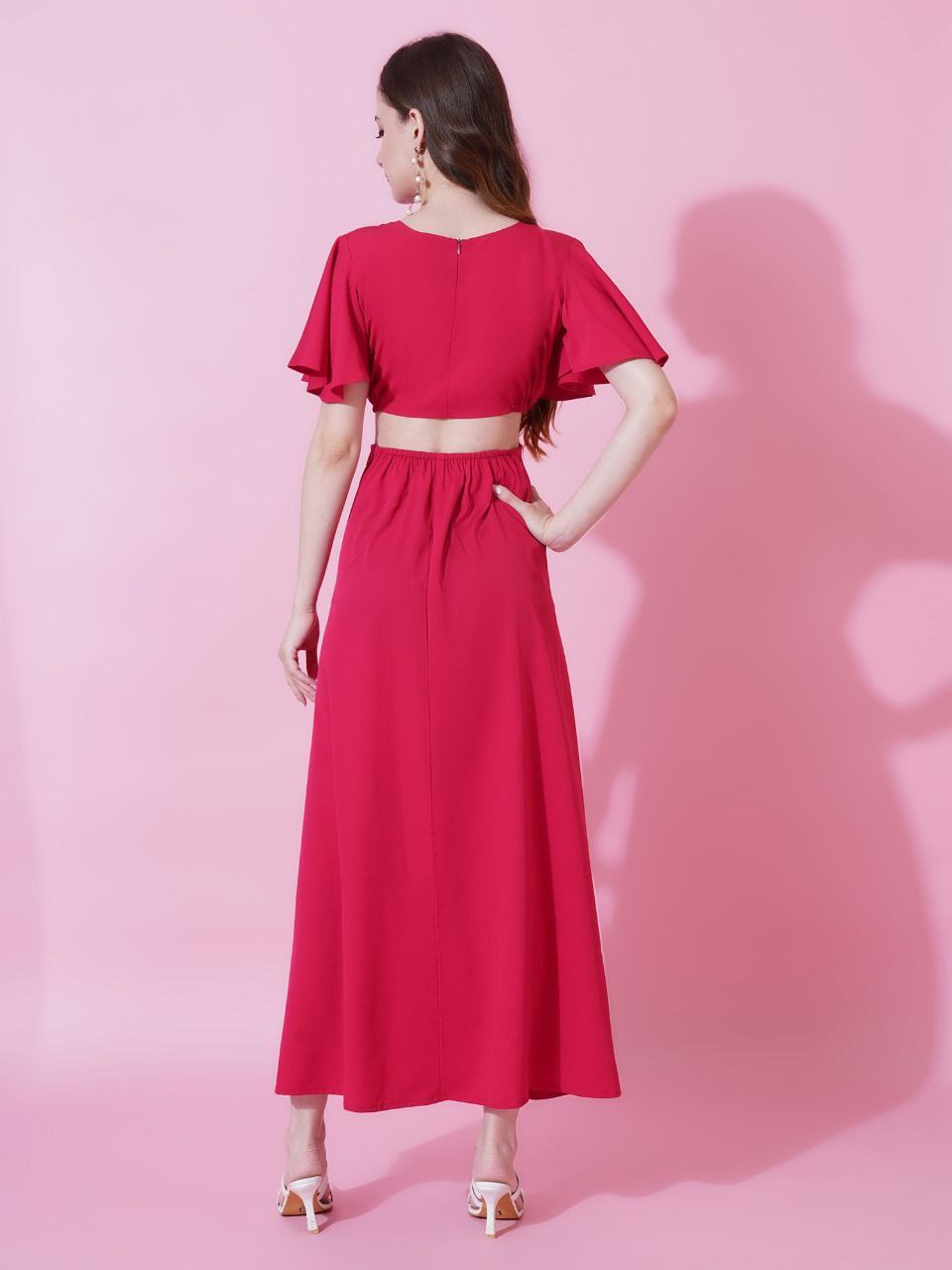 Jyoti Fashion Women's Pink Crepe Waist Cut Flared Western Dress | Swadesiicart