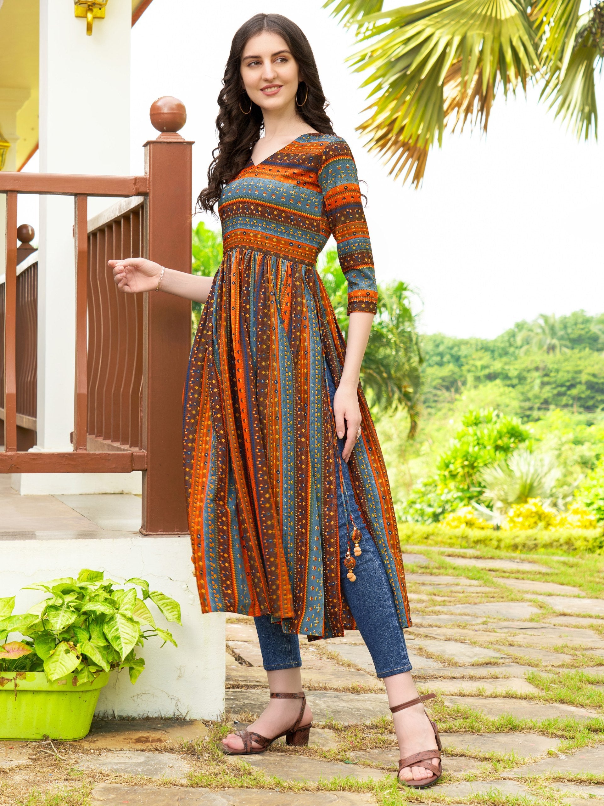 Jyoti Fashion Women's Orange Rayon Geometric Printed Casual Flared kurta | Swadesiicart