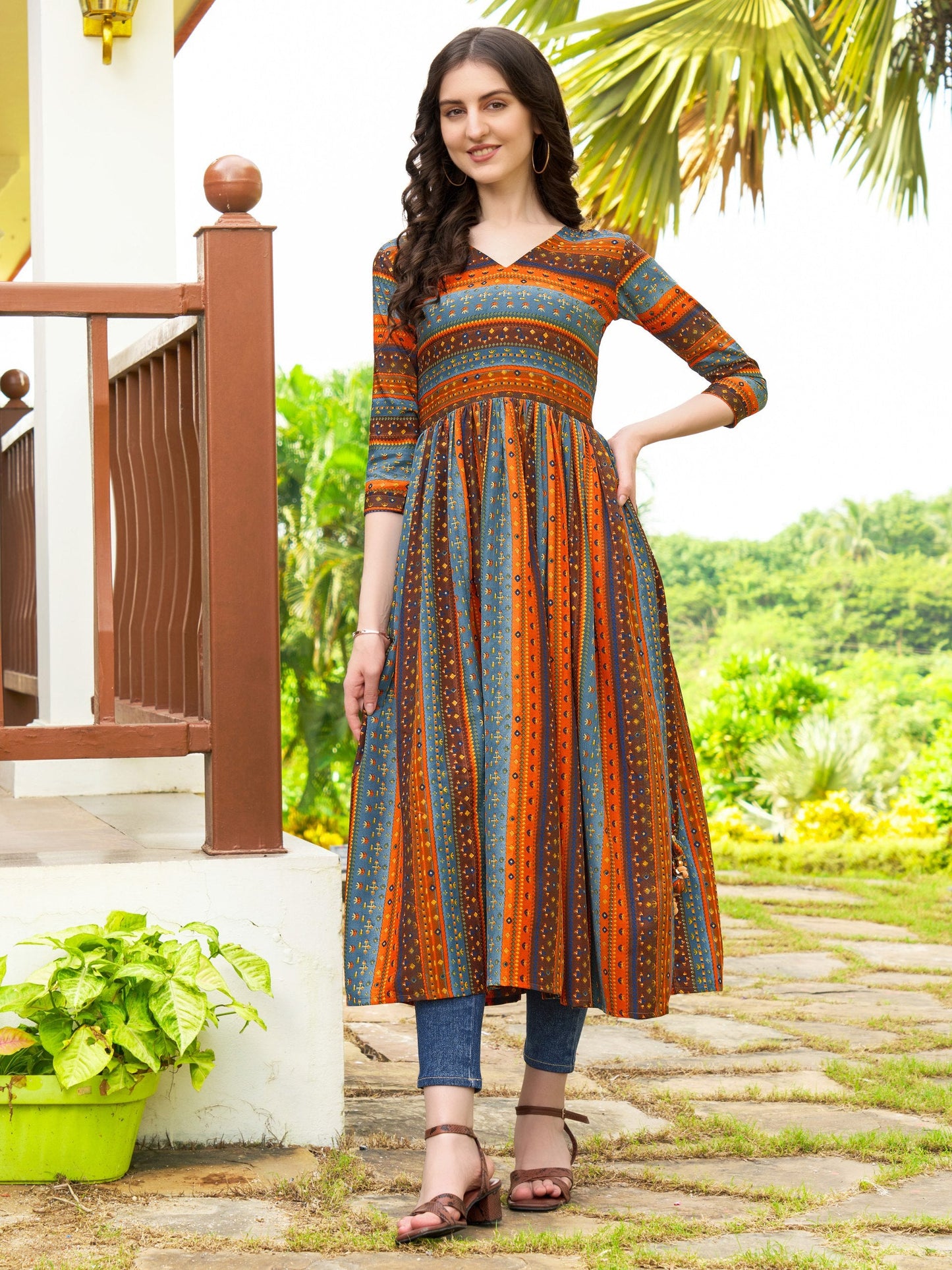 Jyoti Fashion Women's Orange Rayon Geometric Printed Casual Flared kurta | Swadesiicart