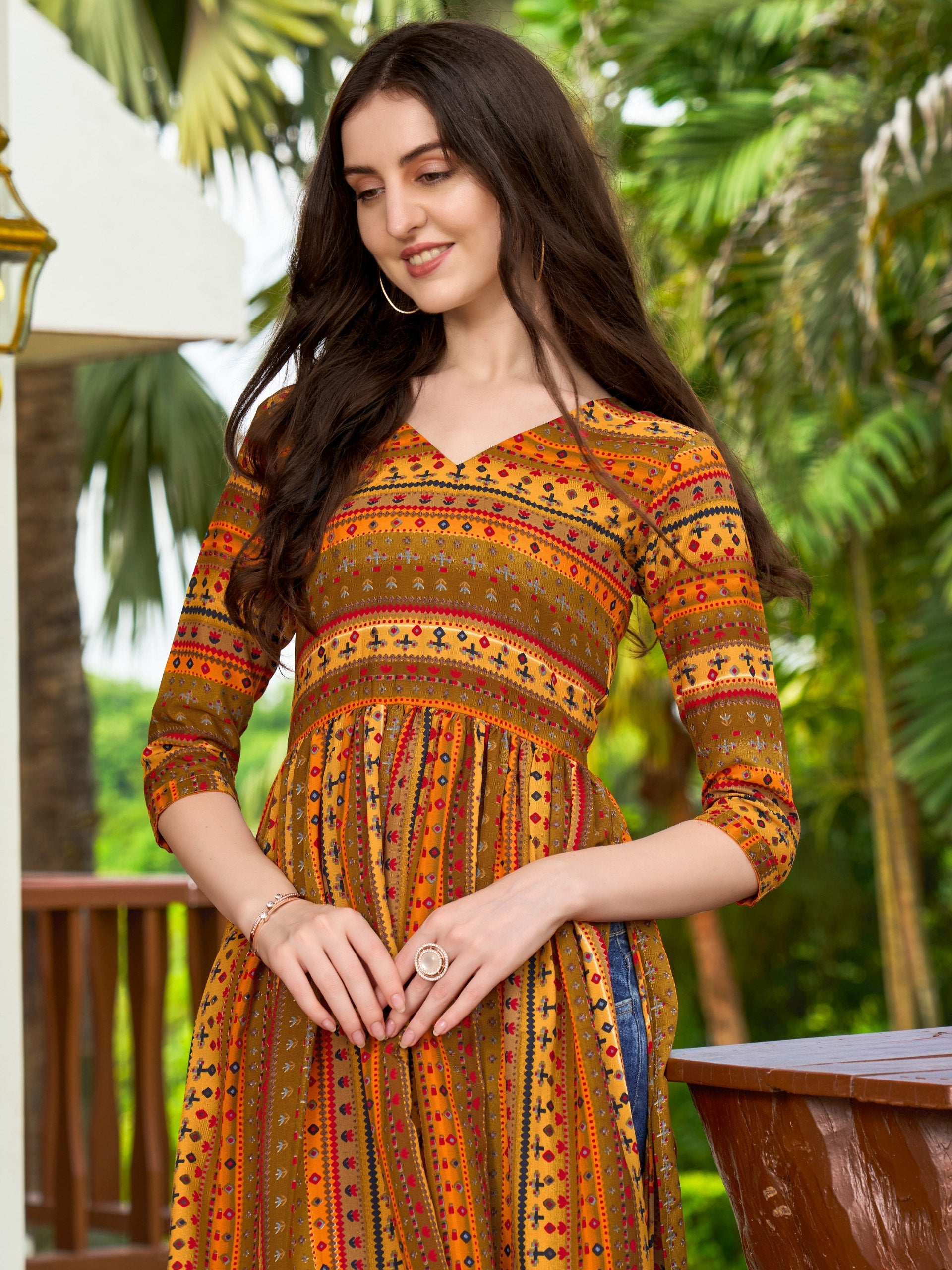 Jyoti Fashion Women's Yellow Rayon Geometric Printed Casual Flared kurta | Swadesiicart