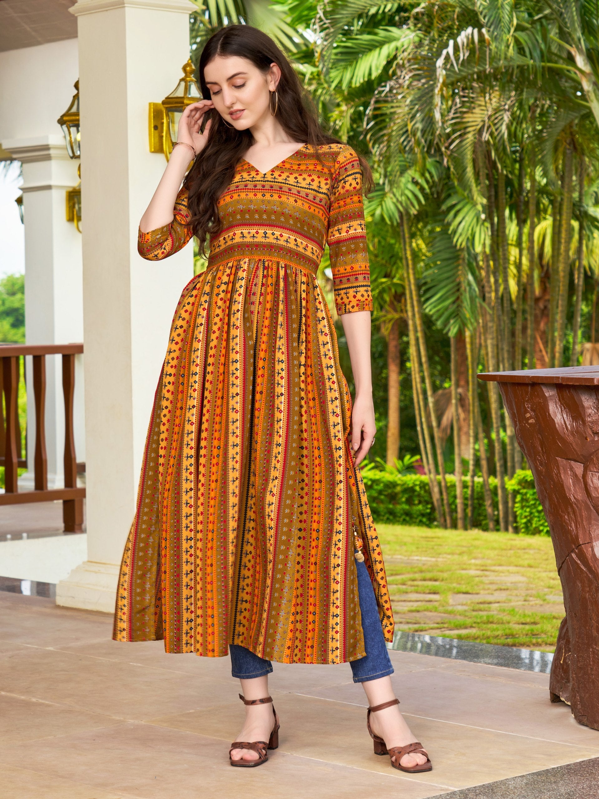 Jyoti Fashion Women's Yellow Rayon Geometric Printed Casual Flared kurta | Swadesiicart