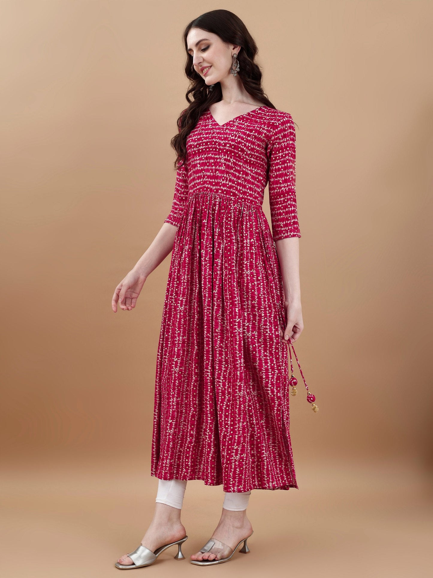 Jyoti Fashion Women's Rani Pink Rayon Bandhani Printed Casual Flared kurta | Swadesiicart