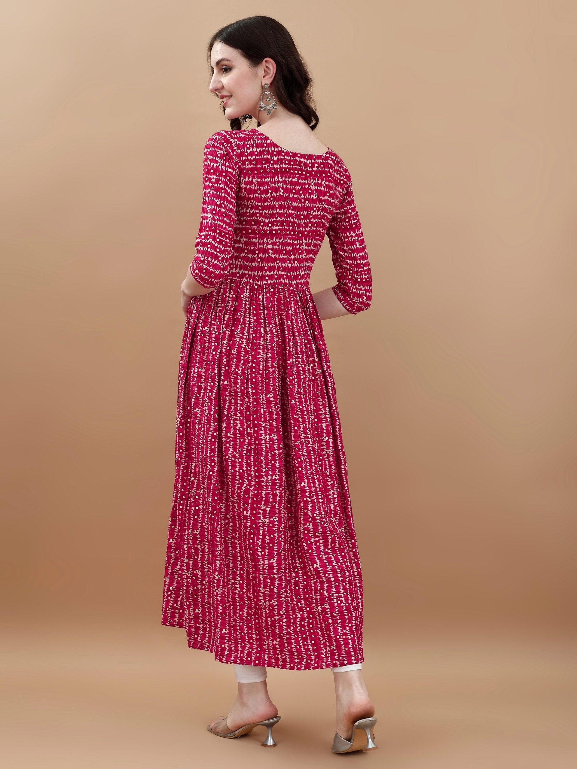 Jyoti Fashion Women's Rani Pink Rayon Bandhani Printed Casual Flared kurta | Swadesiicart