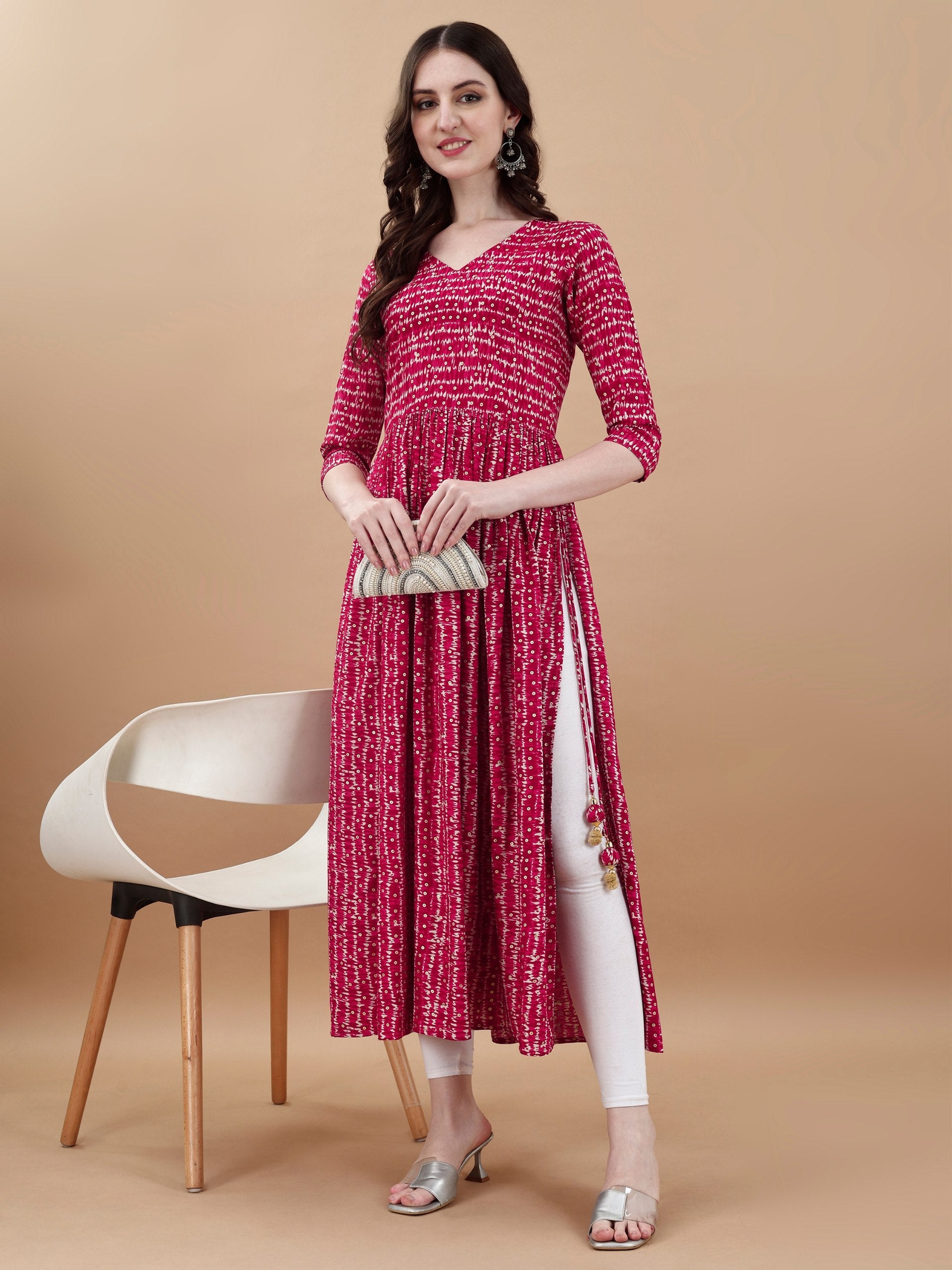 Jyoti Fashion Women's Rani Pink Rayon Bandhani Printed Casual Flared kurta | Swadesiicart