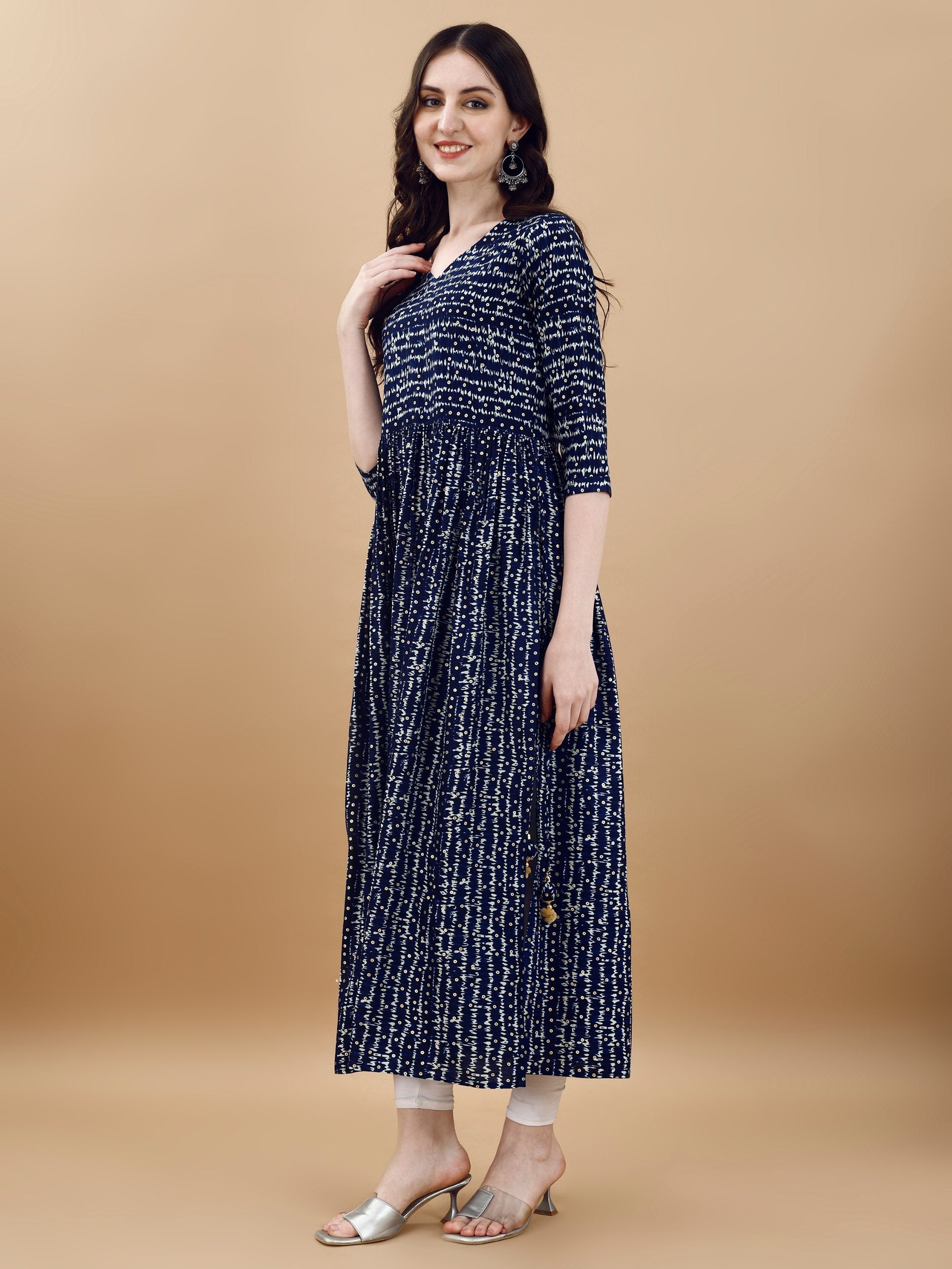 Jyoti Fashion Women's Navy Blue Rayon Bandhani Printed Casual Flared kurta | Swadesiicart