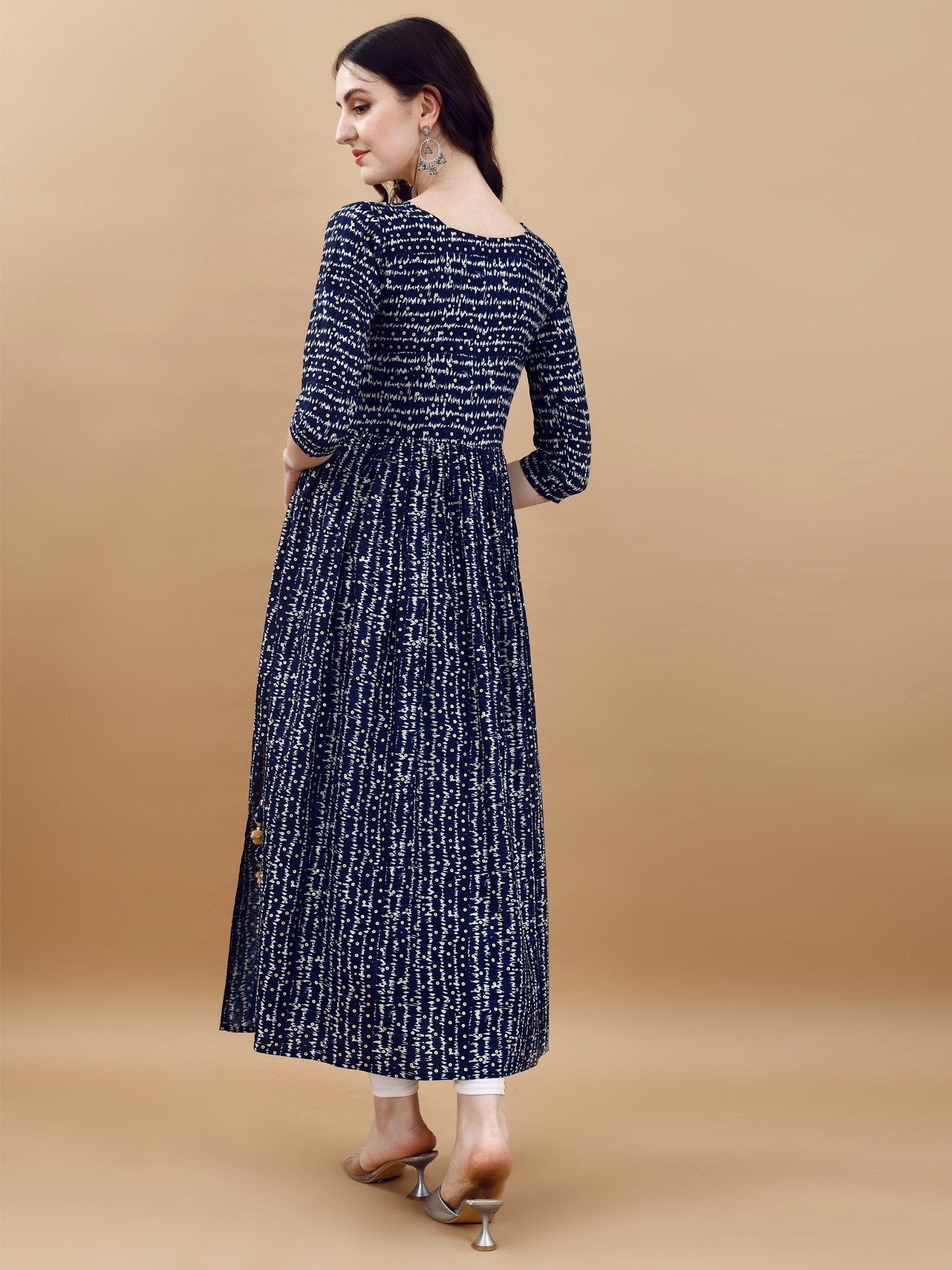 Jyoti Fashion Women's Navy Blue Rayon Bandhani Printed Casual Flared kurta | Swadesiicart