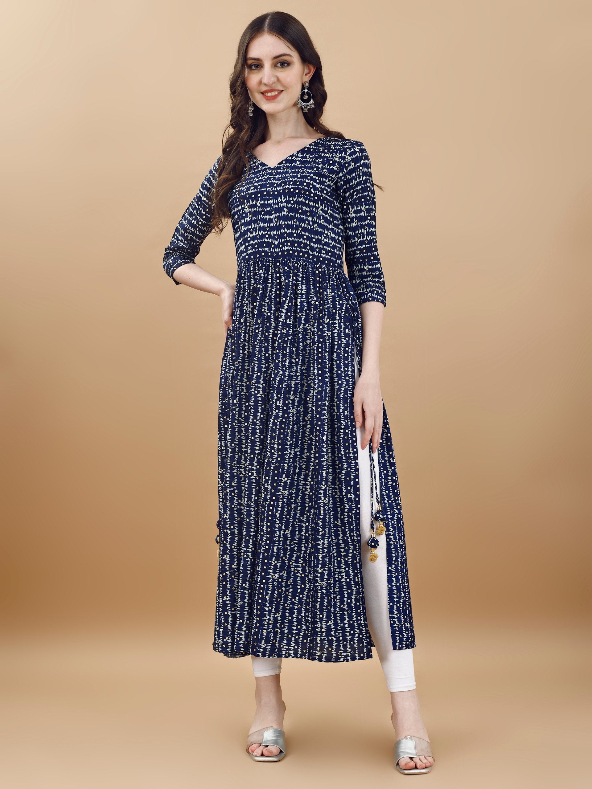 Jyoti Fashion Women's Navy Blue Rayon Bandhani Printed Casual Flared kurta | Swadesiicart