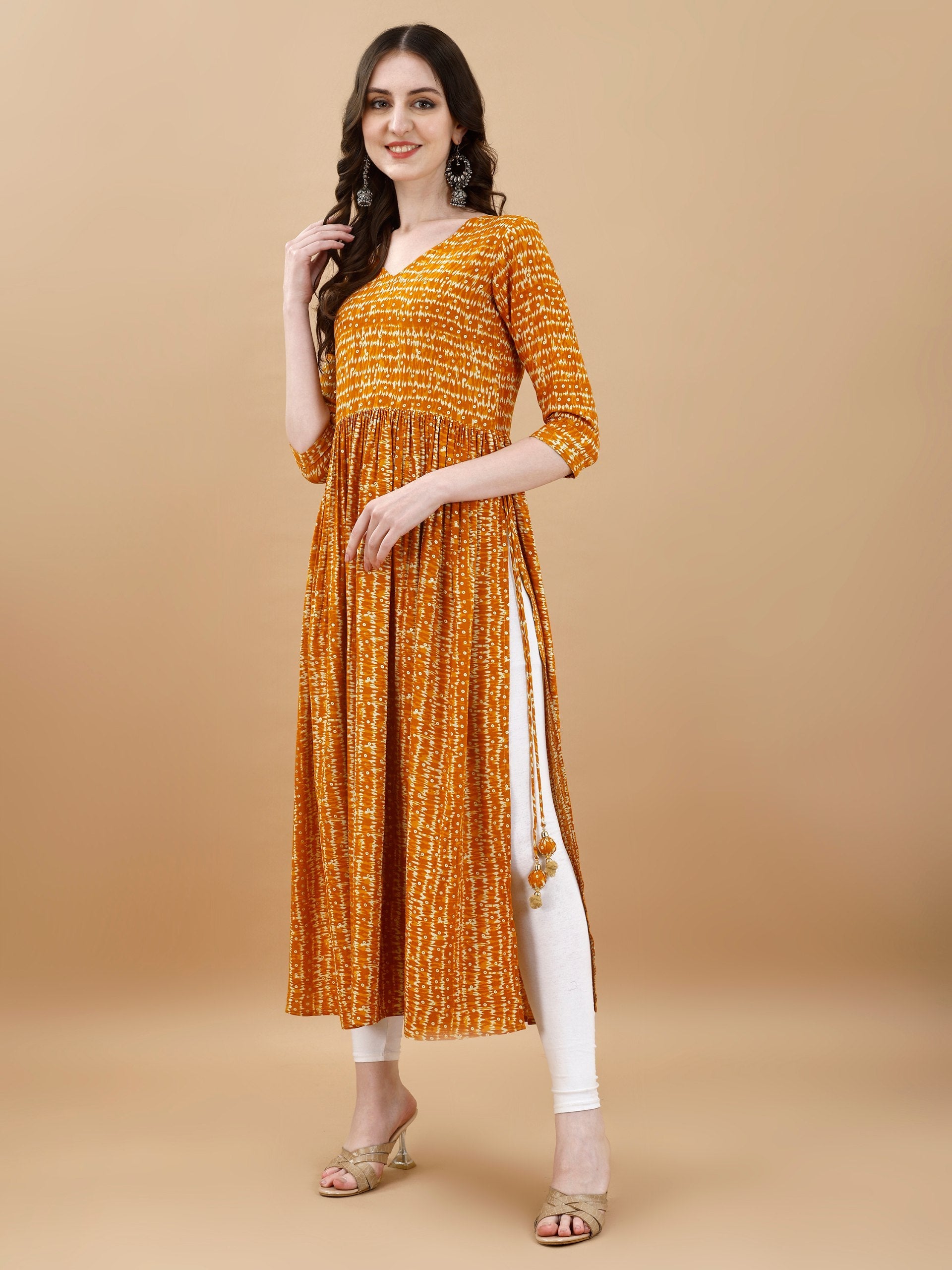 Jyoti Fashion Women's Mustard Rayon Bandhani Printed Casual Flared kurta | Swadesiicart