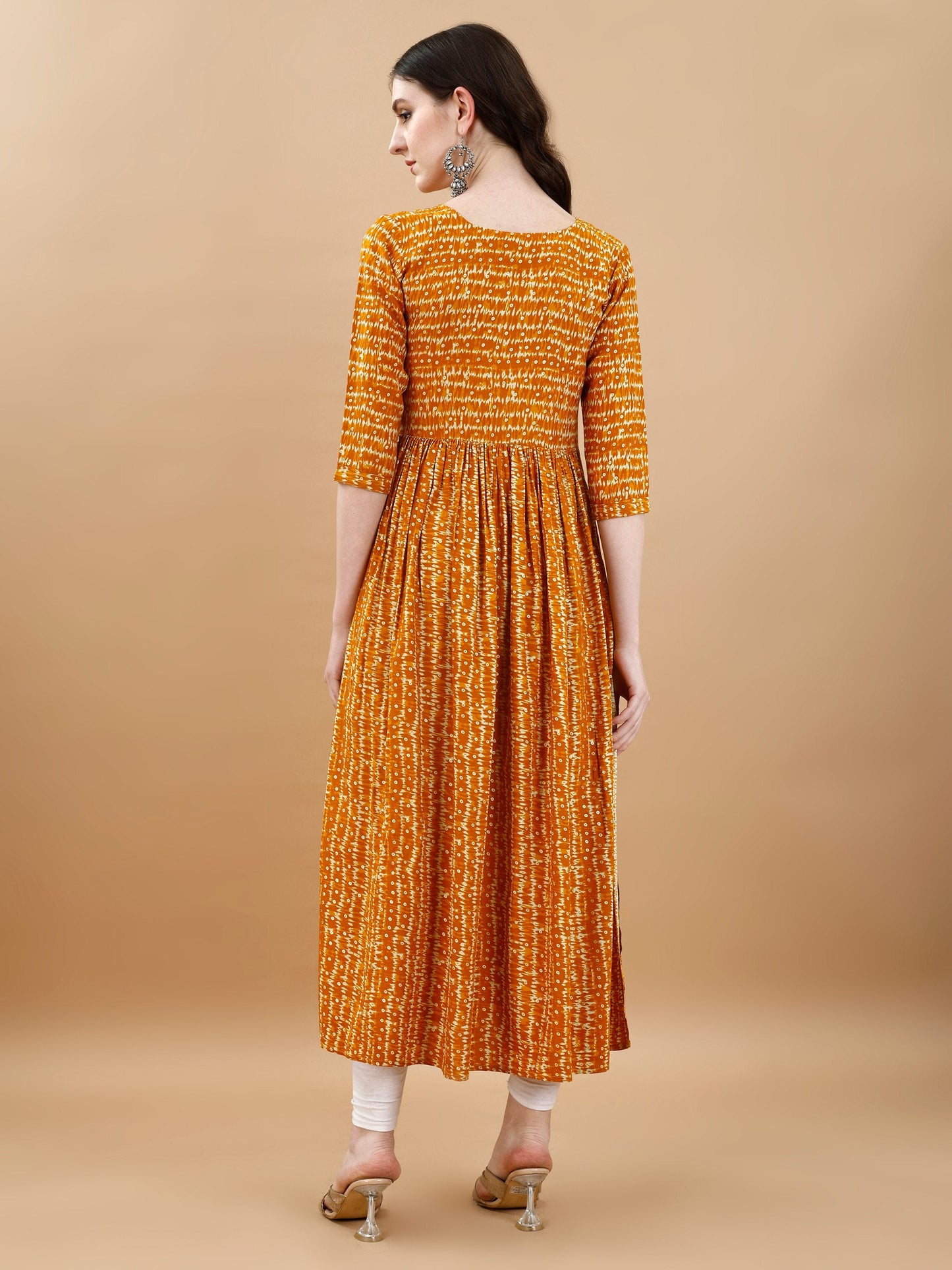 Jyoti Fashion Women's Mustard Rayon Bandhani Printed Casual Flared kurta | Swadesiicart