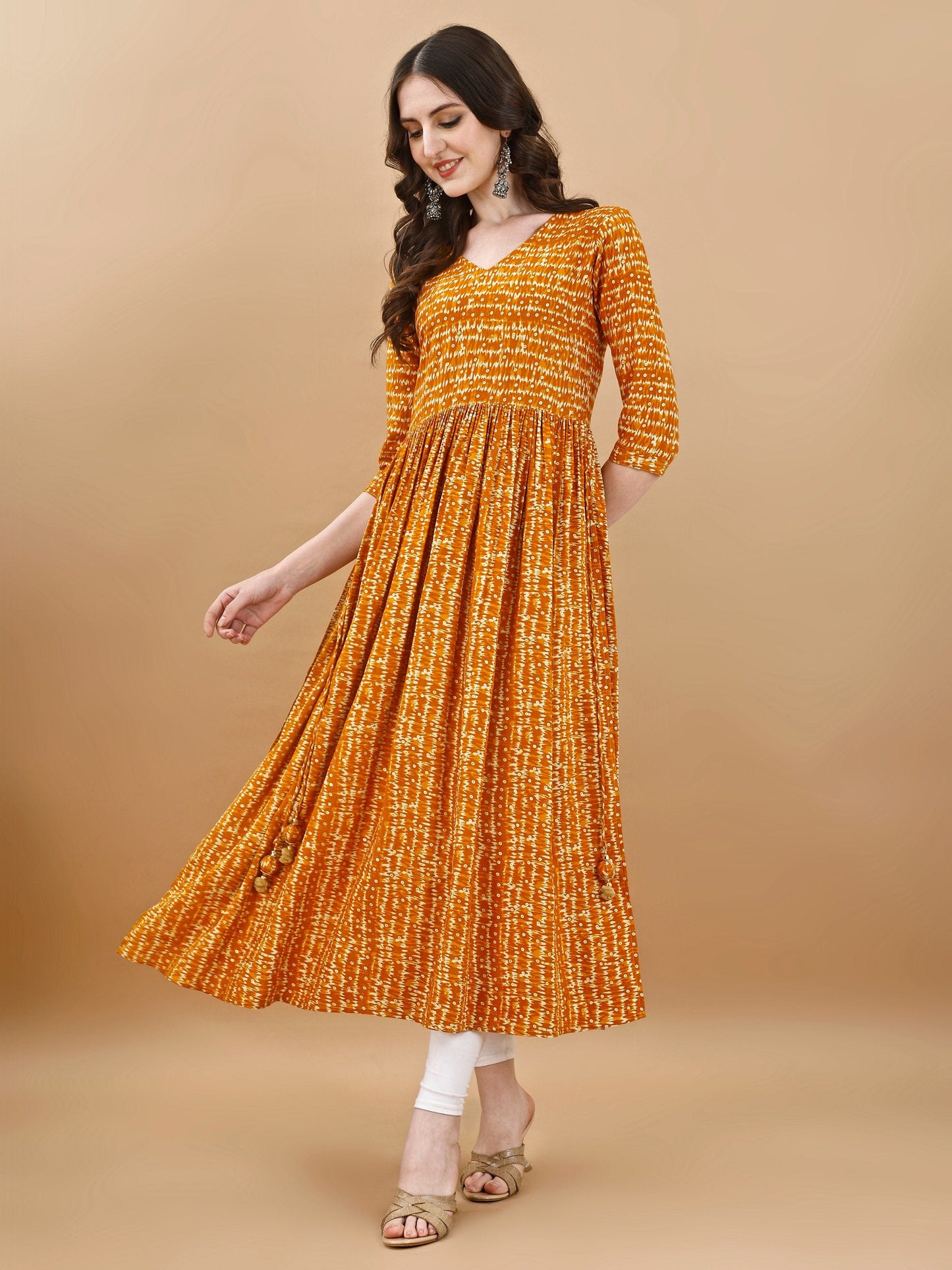 Jyoti Fashion Women's Mustard Rayon Bandhani Printed Casual Flared kurta | Swadesiicart