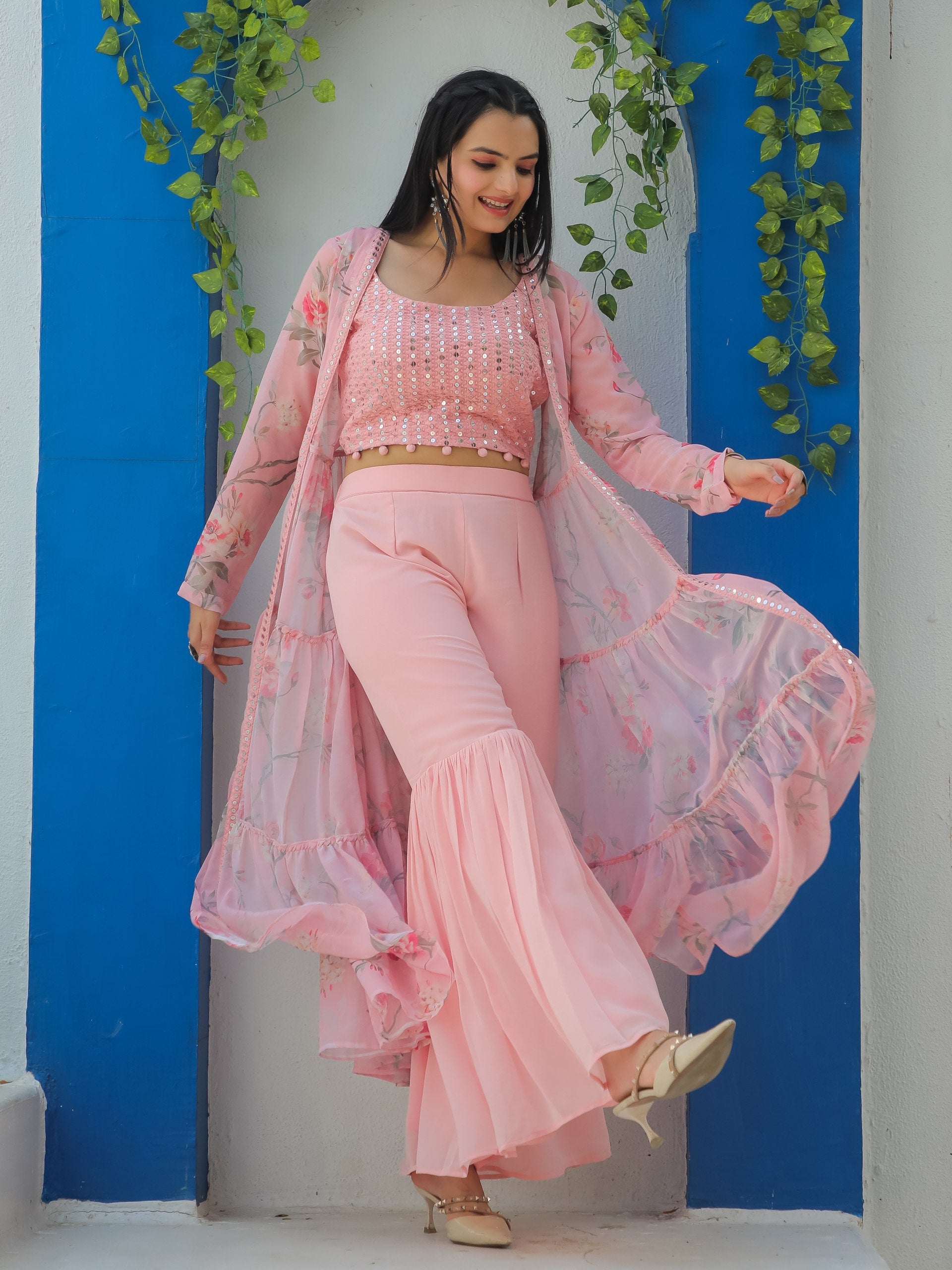 Jyoti Fashion Women's Baby Pink Georgette Sequins Choli with Printed Shrug & Sharara Set | Swadesiicart