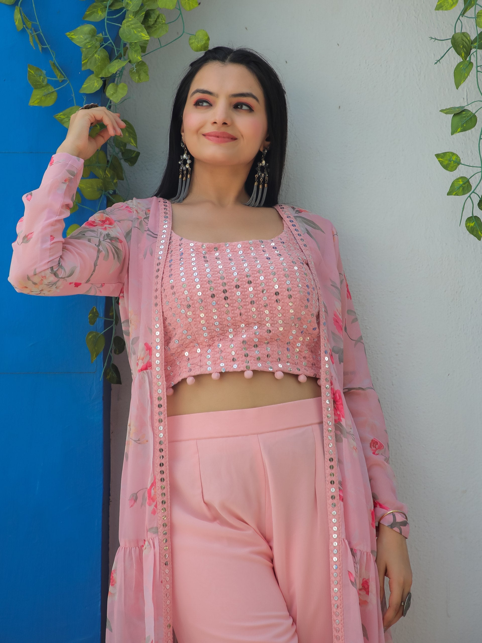 Jyoti Fashion Women's Baby Pink Georgette Sequins Choli with Printed Shrug & Sharara Set | Swadesiicart
