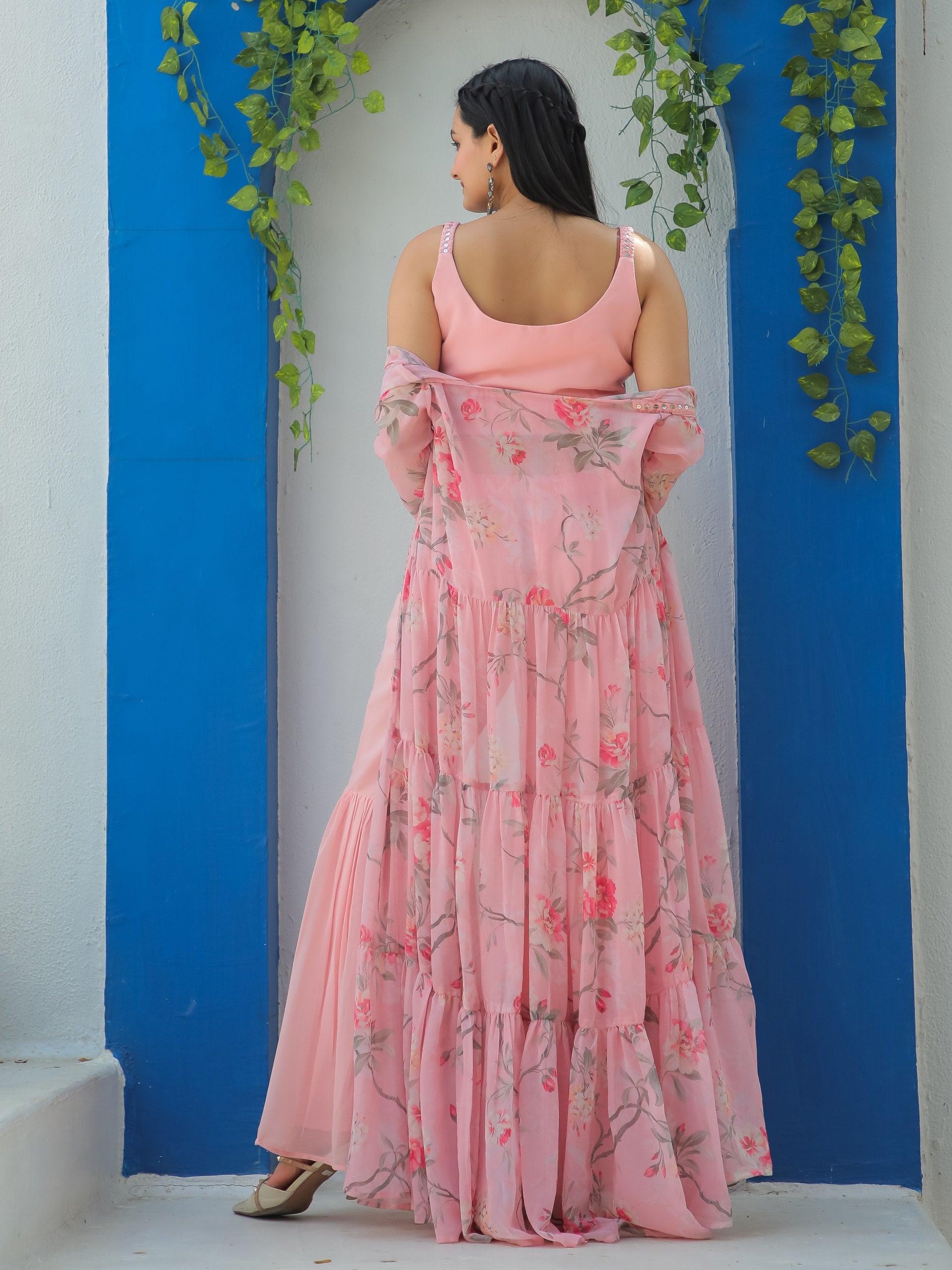 Jyoti Fashion Women's Baby Pink Georgette Sequins Choli with Printed Shrug & Sharara Set | Swadesiicart