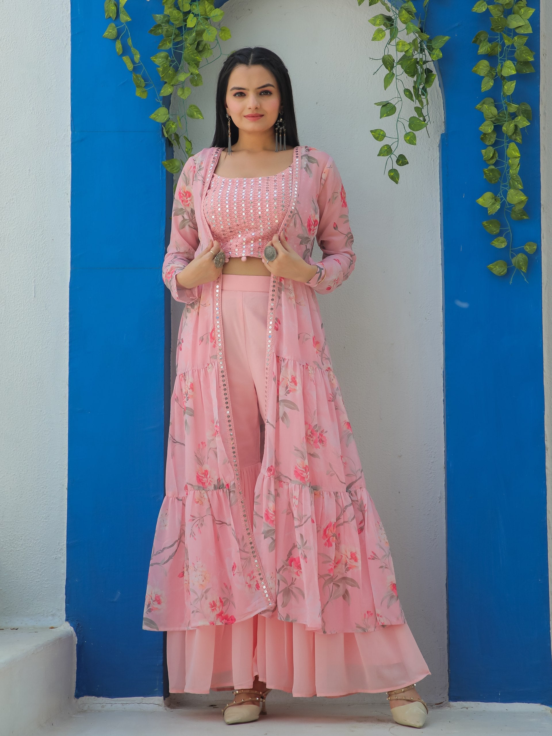 Jyoti Fashion Women's Baby Pink Georgette Sequins Choli with Printed Shrug & Sharara Set | Swadesiicart