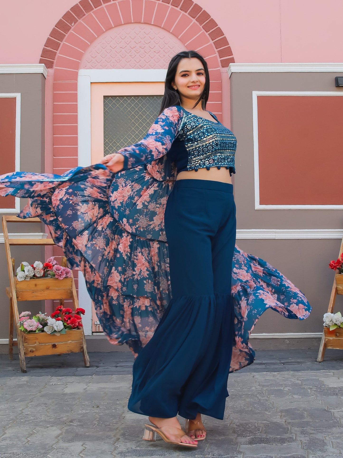 Jyoti Fashion Women's Teal Blue Georgette Sequins Choli with Printed Shrug & Sharara Set | Swadesiicart