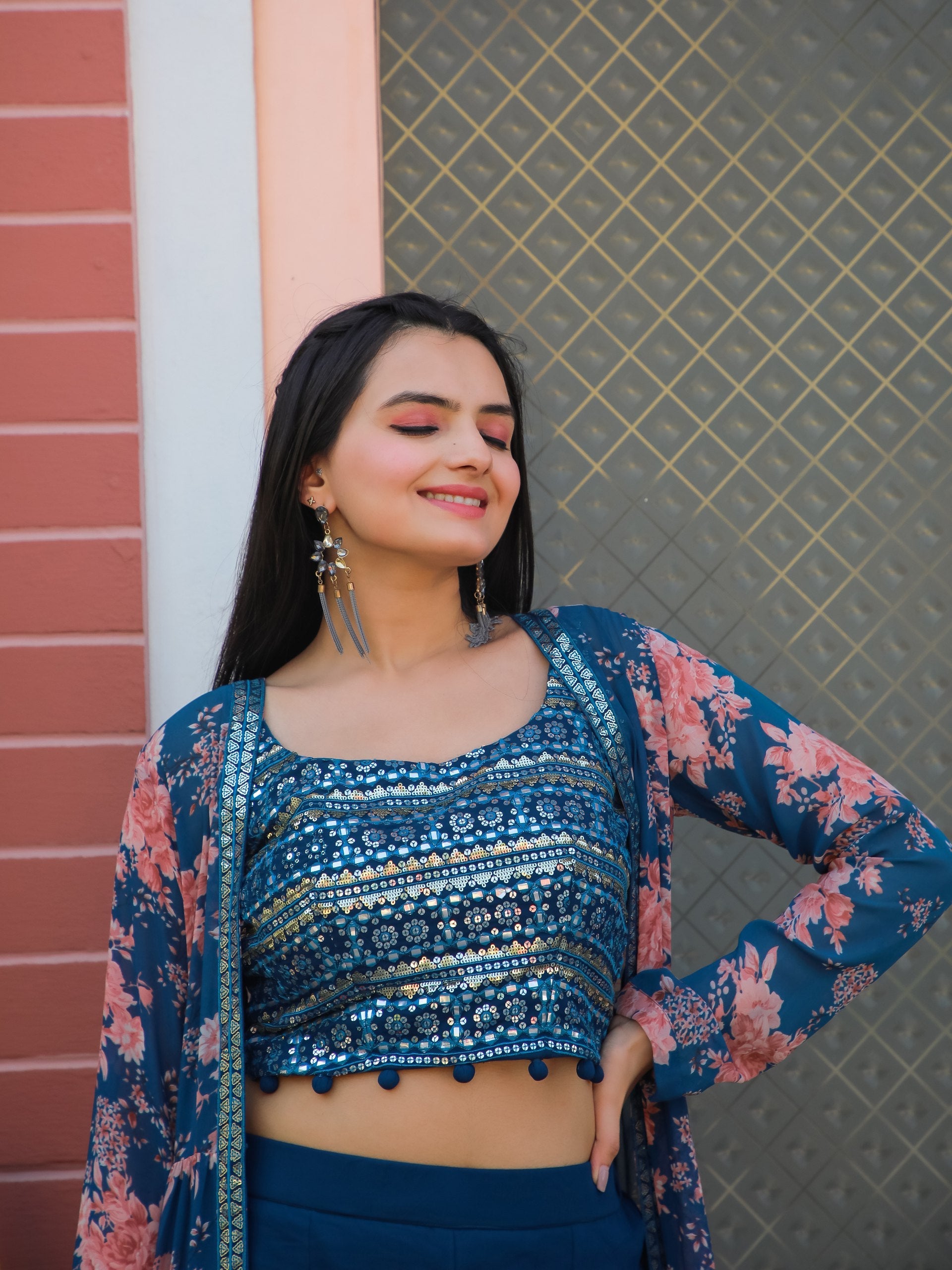 Jyoti Fashion Women's Teal Blue Georgette Sequins Choli with Printed Shrug & Sharara Set | Swadesiicart