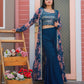 Jyoti Fashion Women's Teal Blue Georgette Sequins Choli with Printed Shrug & Sharara Set | Swadesiicart