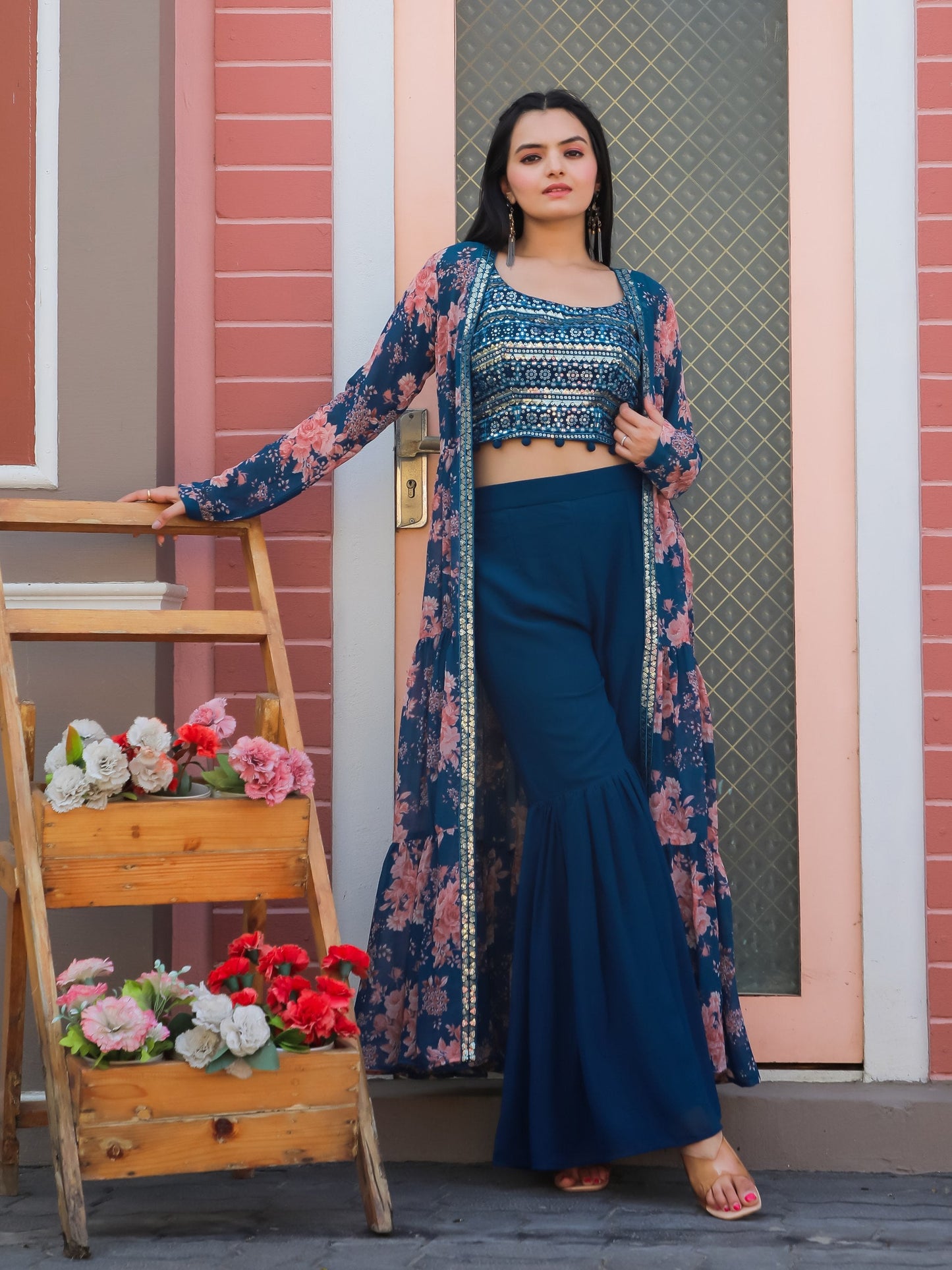 Jyoti Fashion Women's Teal Blue Georgette Sequins Choli with Printed Shrug & Sharara Set | Swadesiicart