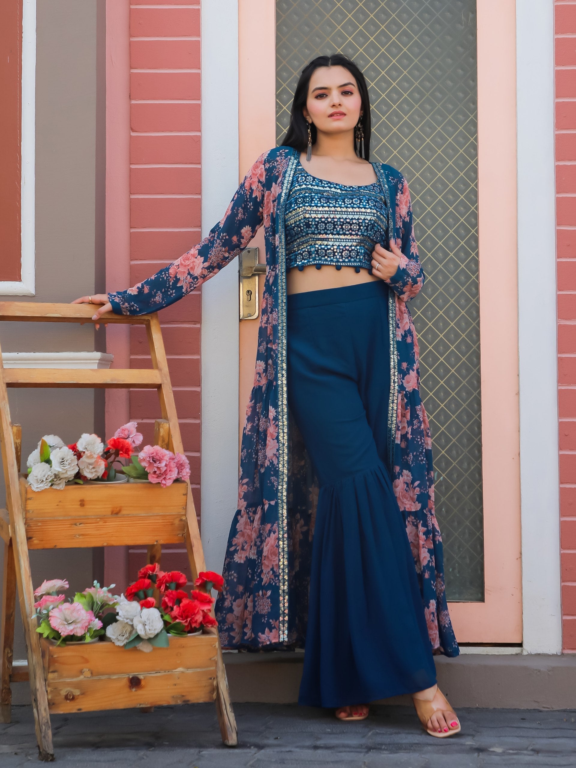 Jyoti Fashion Women's Teal Blue Georgette Sequins Choli with Printed Shrug & Sharara Set | Swadesiicart