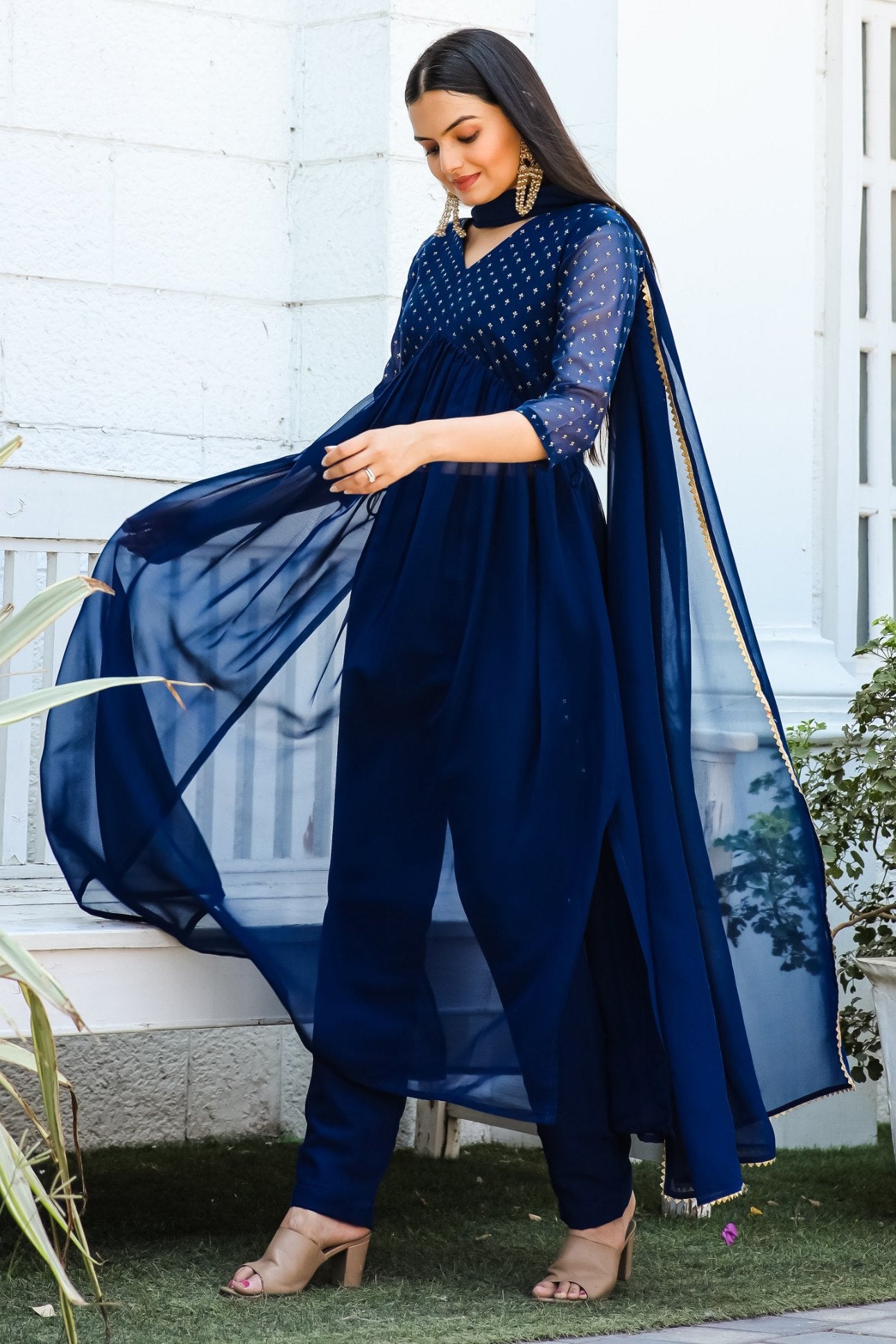 Jyoti Fashion Women's Blue Georgette Foil Printed Kurta Set with Dupatta | Swadesiicart