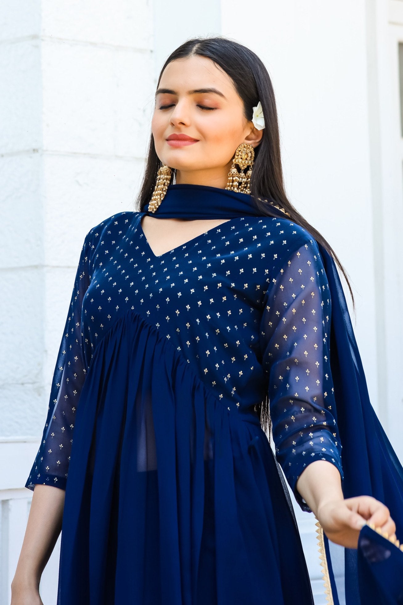 Jyoti Fashion Women's Blue Georgette Foil Printed Kurta Set with Dupatta | Swadesiicart