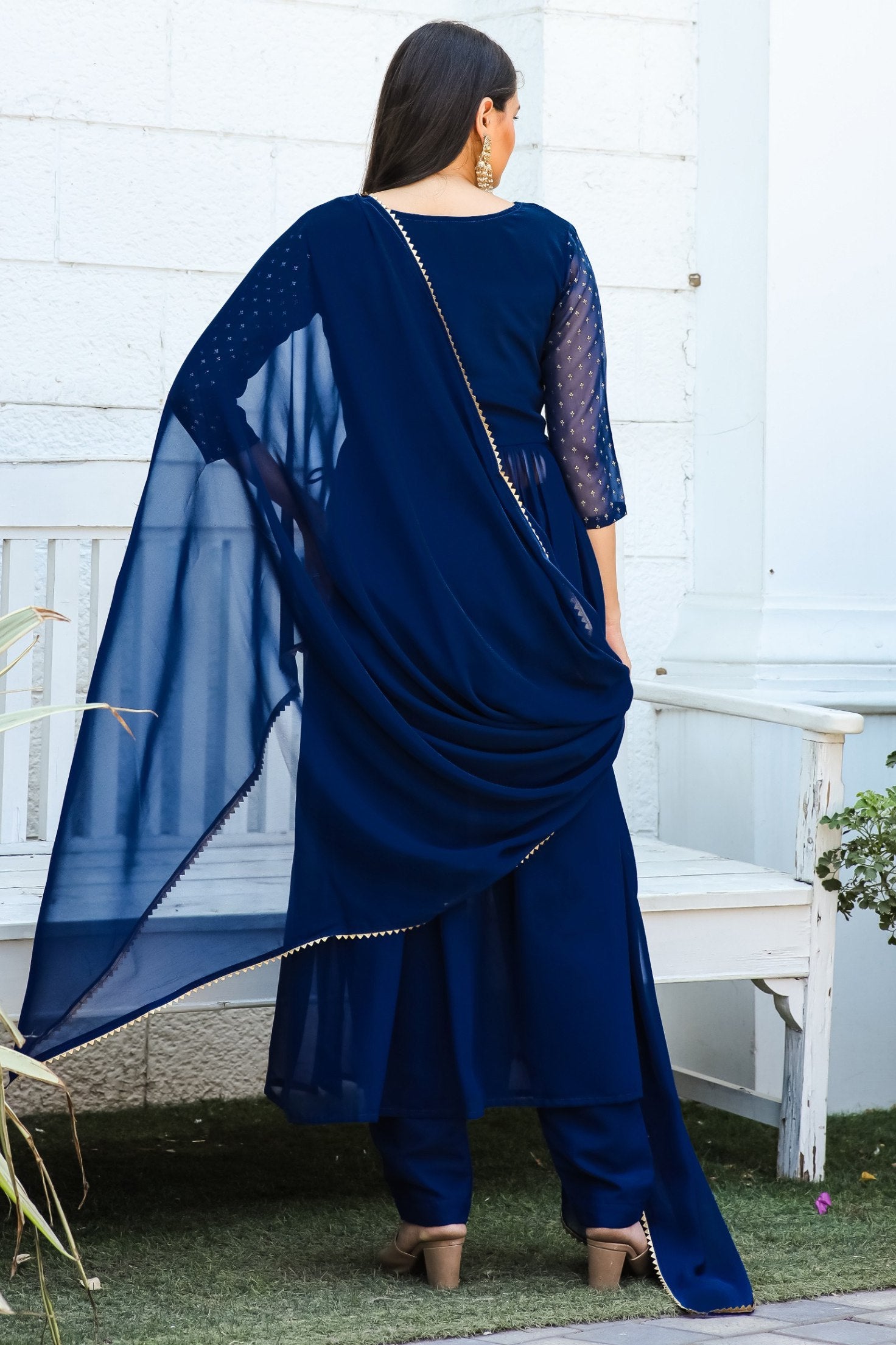 Jyoti Fashion Women's Blue Georgette Foil Printed Kurta Set with Dupatta | Swadesiicart