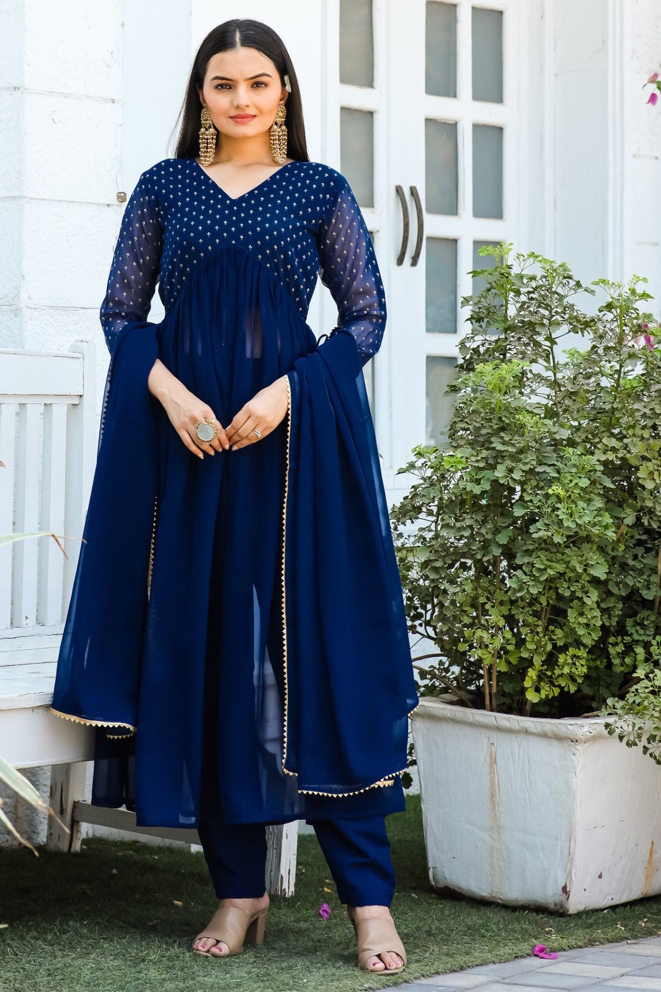 Jyoti Fashion Women's Blue Georgette Foil Printed Kurta Set with Dupatta | Swadesiicart