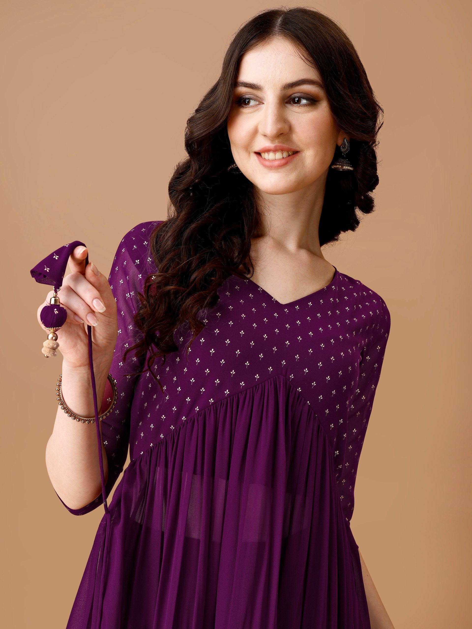 Jyoti Fashion Women's Wine Georgette Foil Printed Kurta Set with Dupatta | Swadesiicart