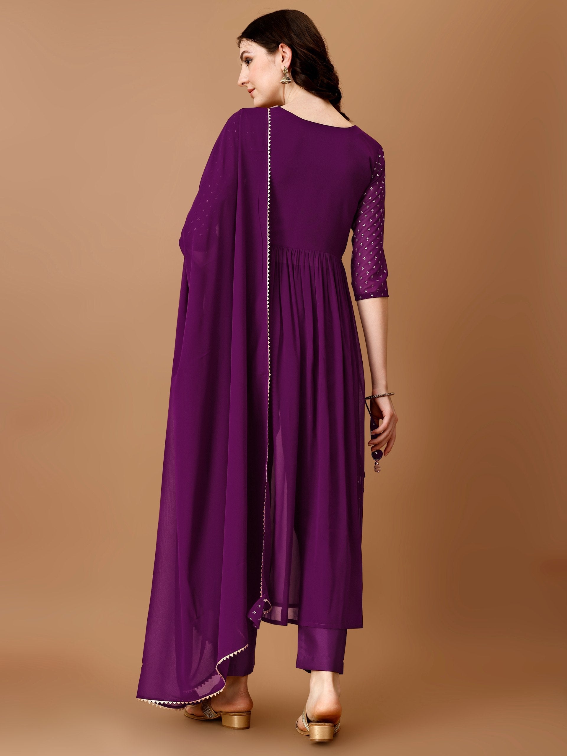 Jyoti Fashion Women's Wine Georgette Foil Printed Kurta Set with Dupatta | Swadesiicart