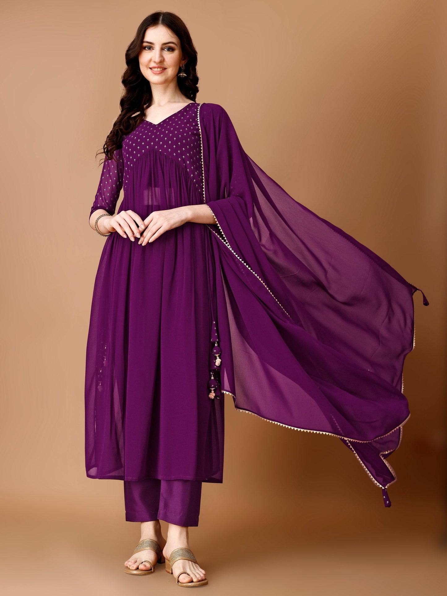 Jyoti Fashion Women's Wine Georgette Foil Printed Kurta Set with Dupatta | Swadesiicart