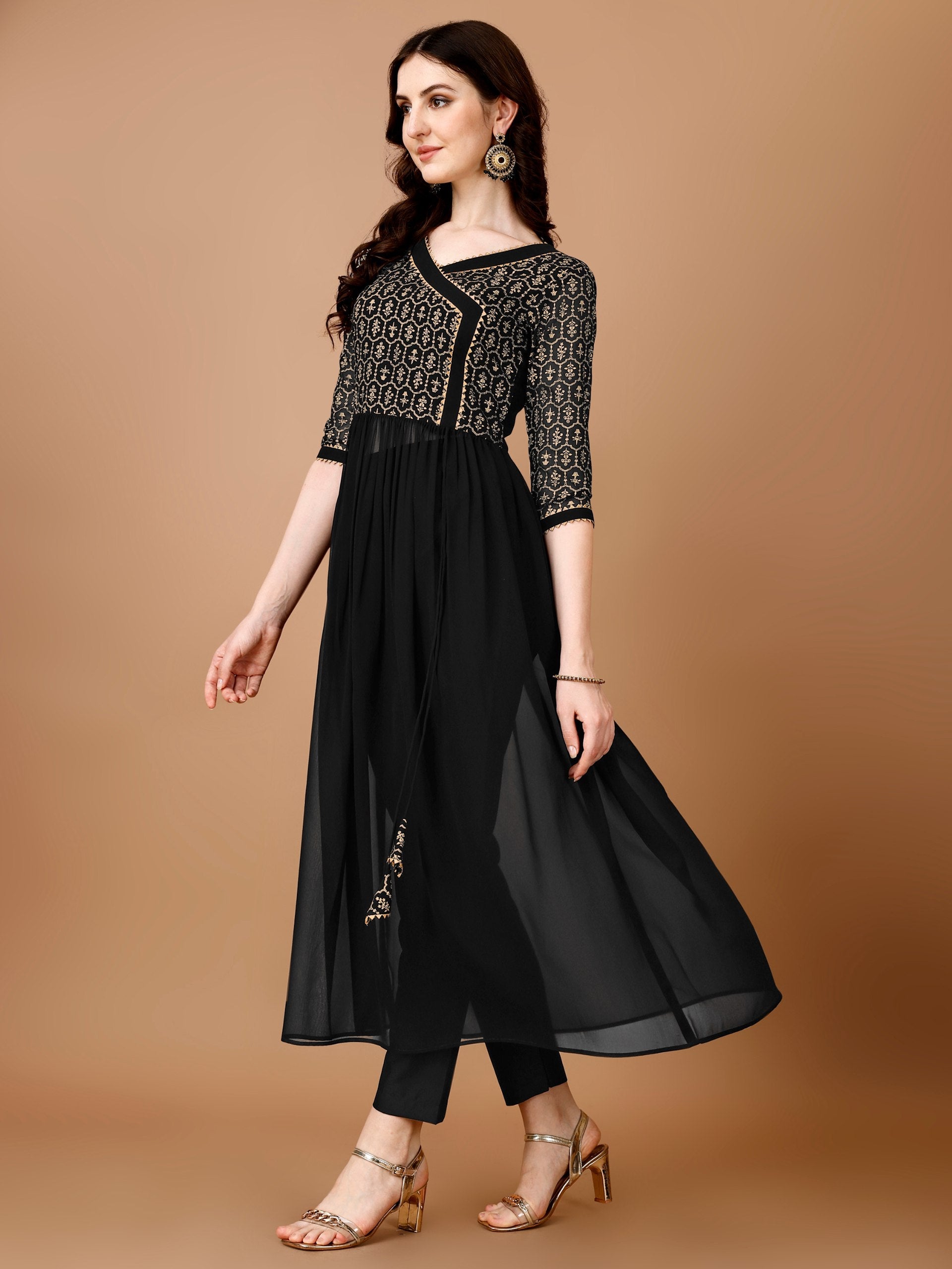 Jyoti Fashion Women's Black Georgette Foil Printed Kurta Set with Dupatta | Swadesiicart