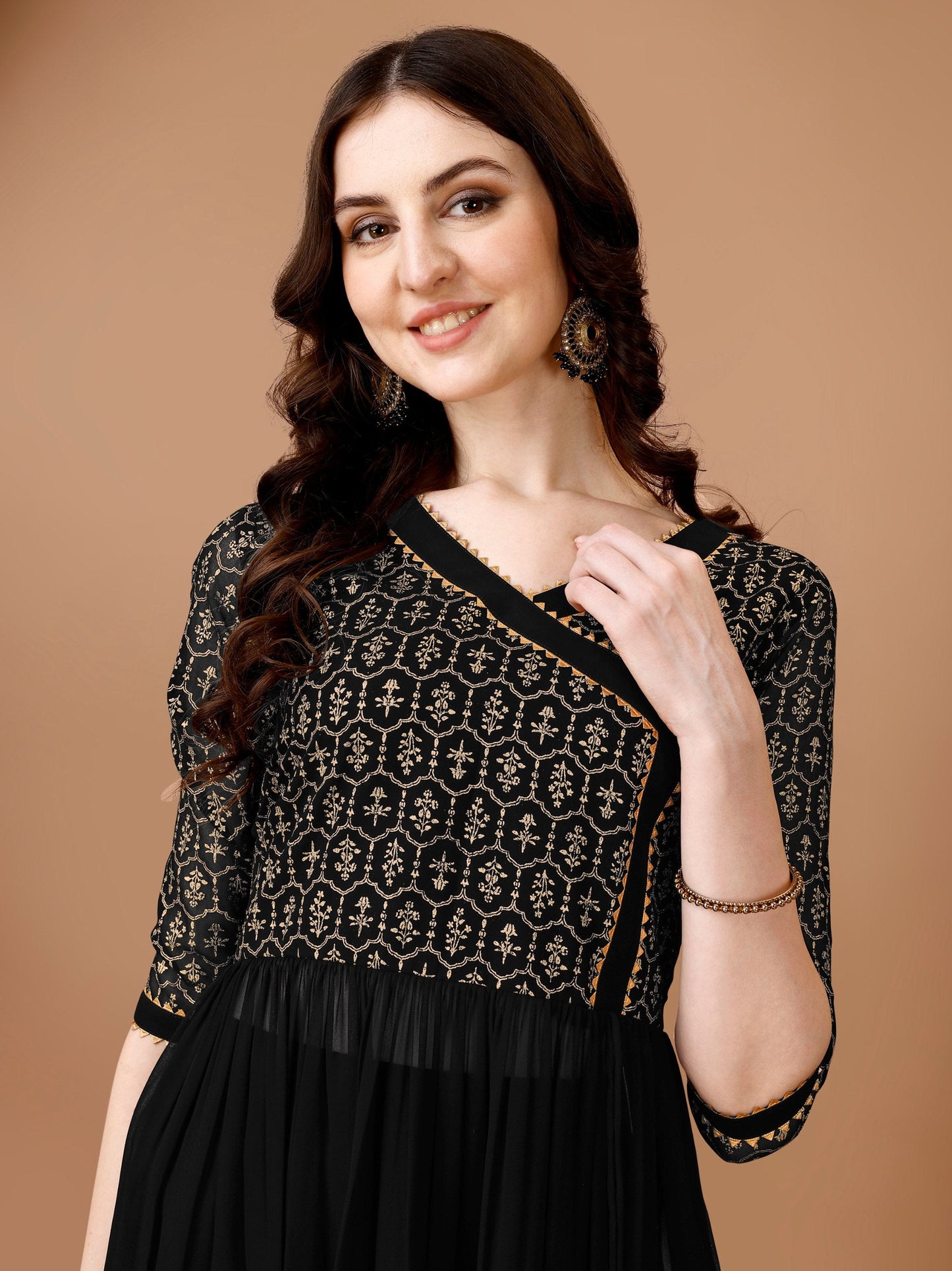 Jyoti Fashion Women's Black Georgette Foil Printed Kurta Set with Dupatta | Swadesiicart