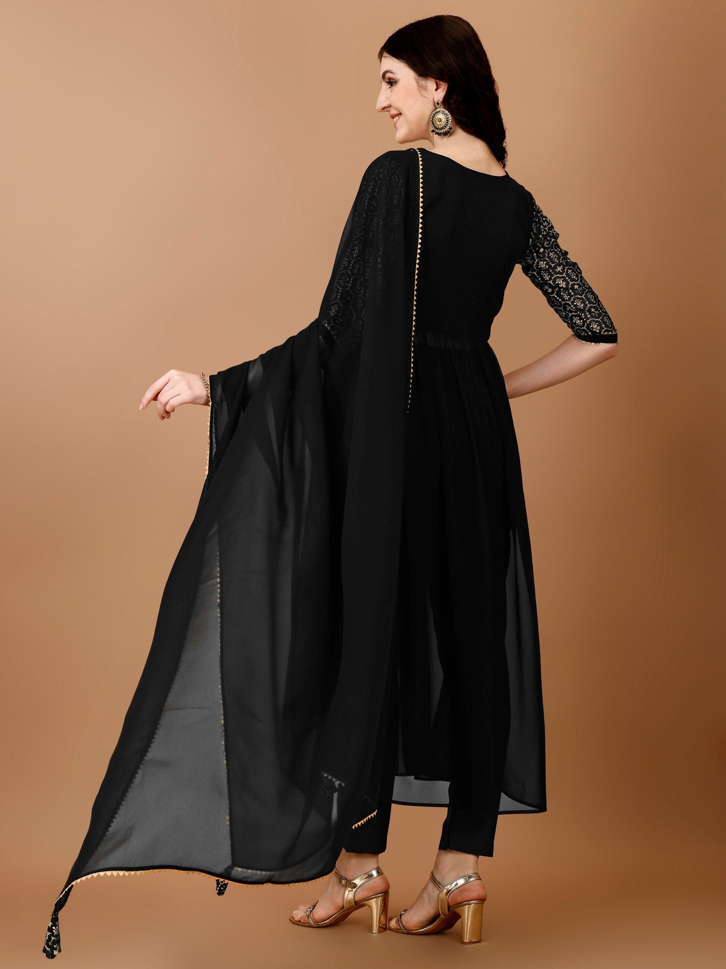 Jyoti Fashion Women's Black Georgette Foil Printed Kurta Set with Dupatta | Swadesiicart