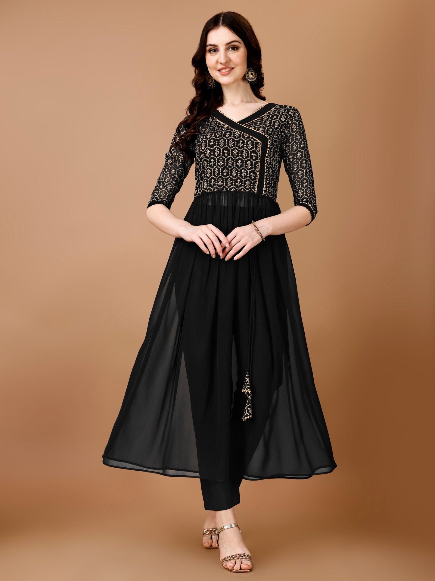 Jyoti Fashion Women's Black Georgette Foil Printed Kurta Set with Dupatta | Swadesiicart