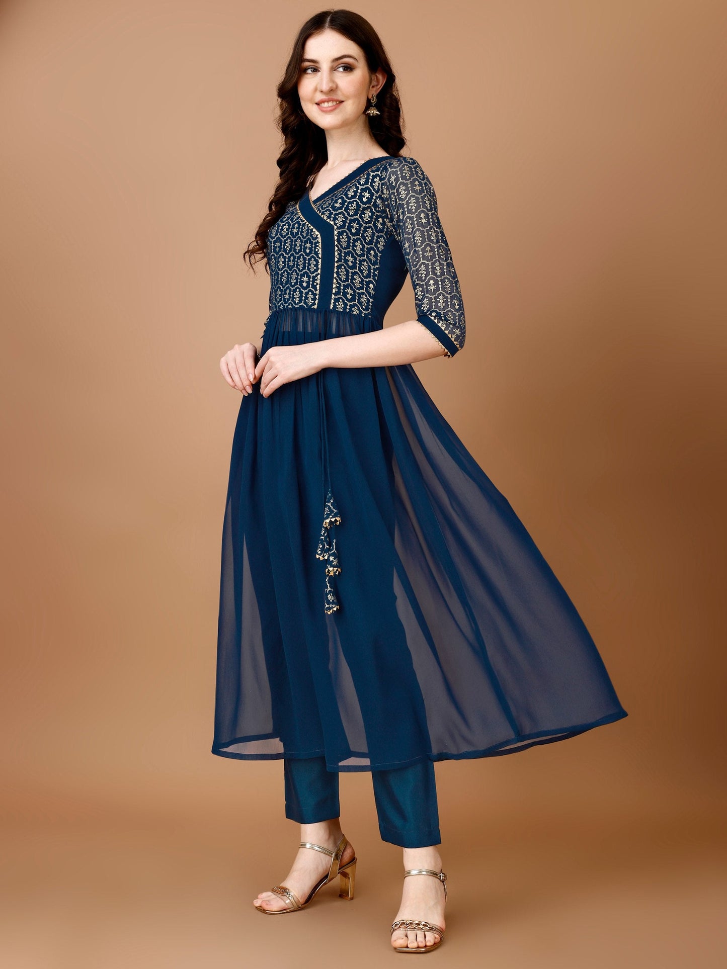 Jyoti Fashion Women's Teal Blue Georgette Foil Printed Kurta Set with Dupatta | Swadesiicart