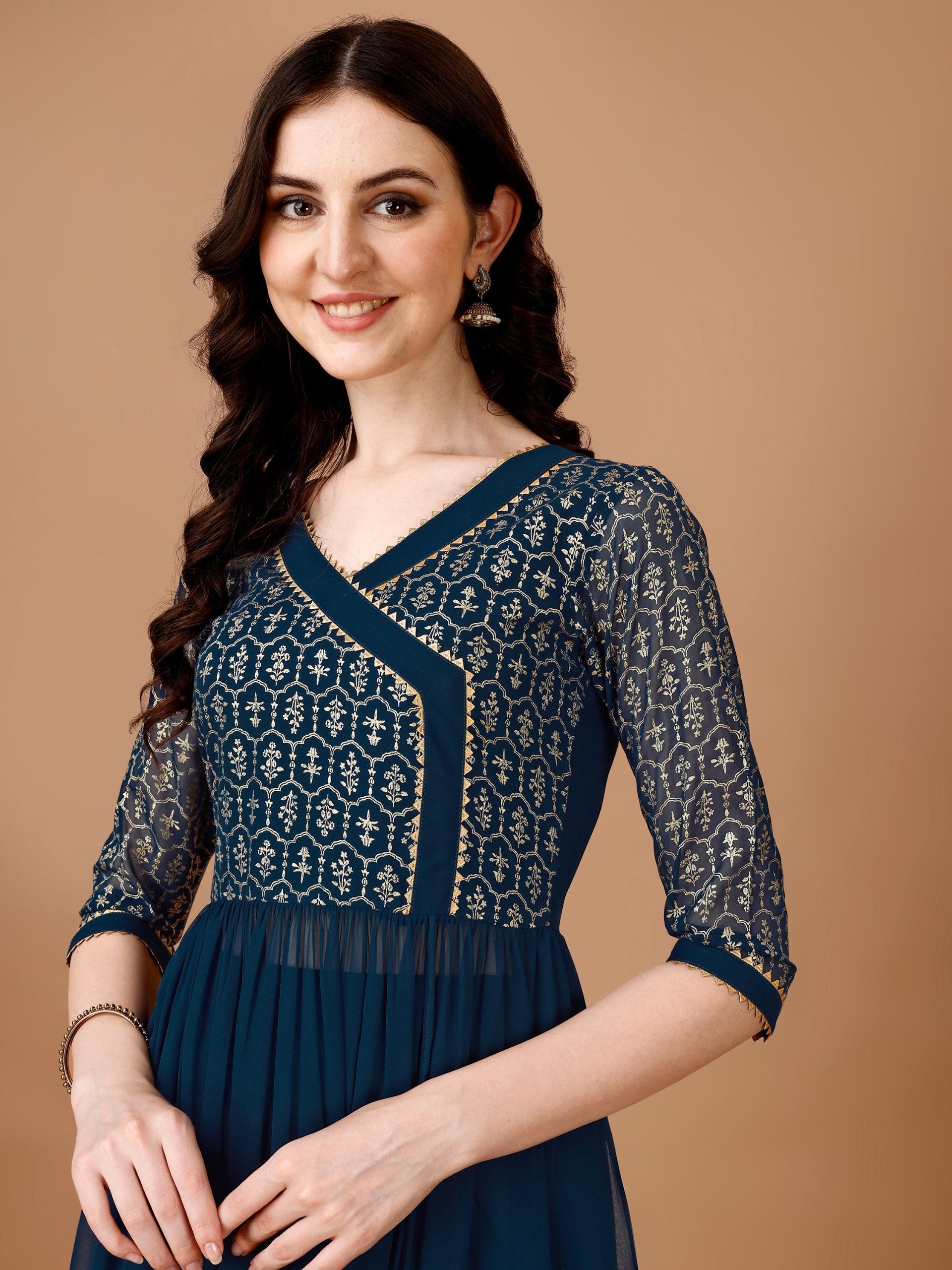 Jyoti Fashion Women's Teal Blue Georgette Foil Printed Kurta Set with Dupatta | Swadesiicart