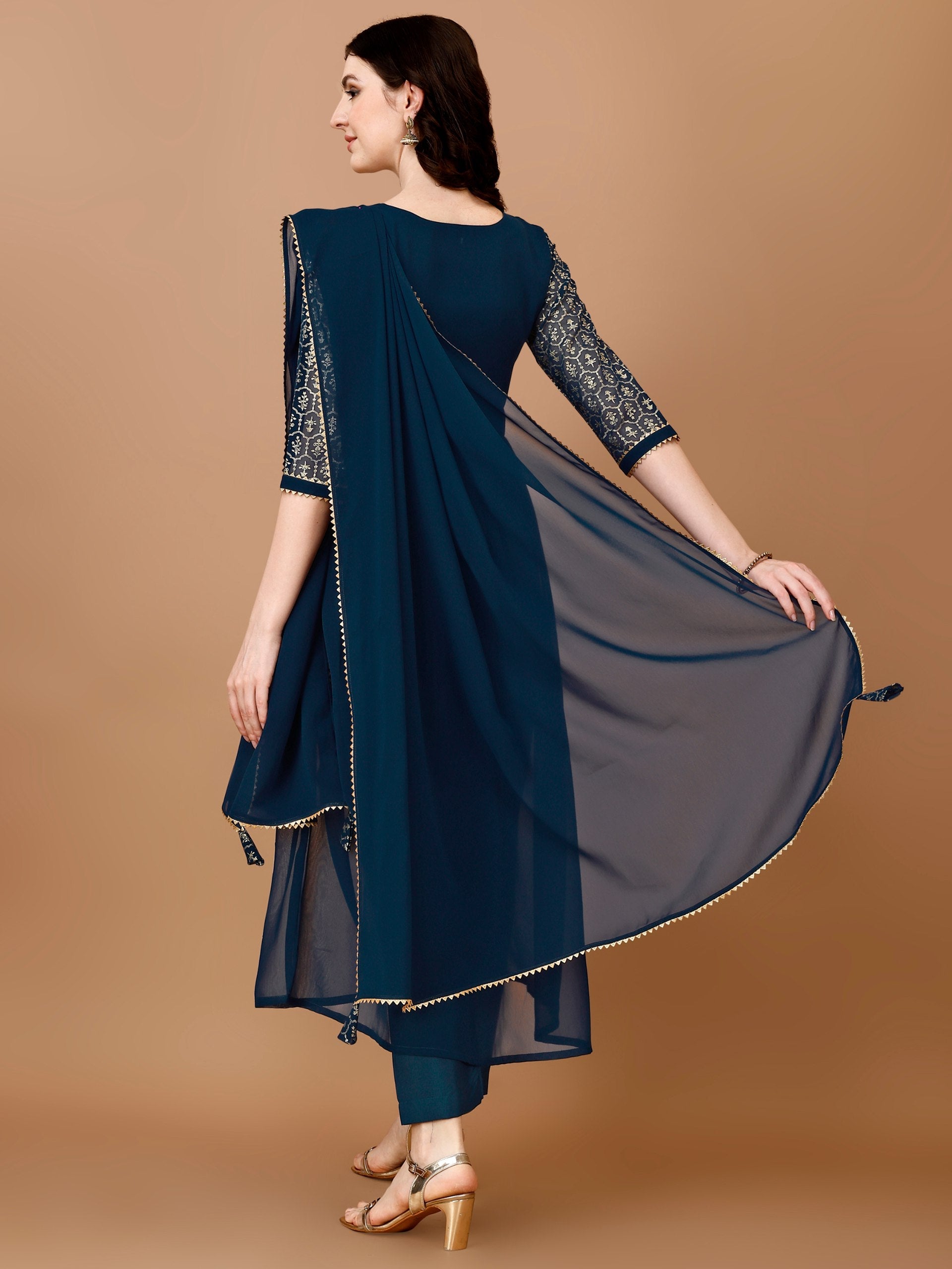 Jyoti Fashion Women's Teal Blue Georgette Foil Printed Kurta Set with Dupatta | Swadesiicart