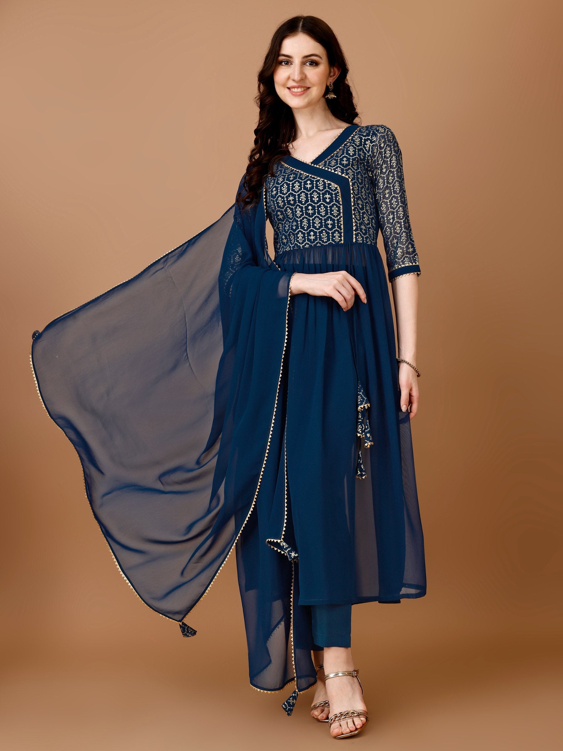 Jyoti Fashion Women's Teal Blue Georgette Foil Printed Kurta Set with Dupatta | Swadesiicart