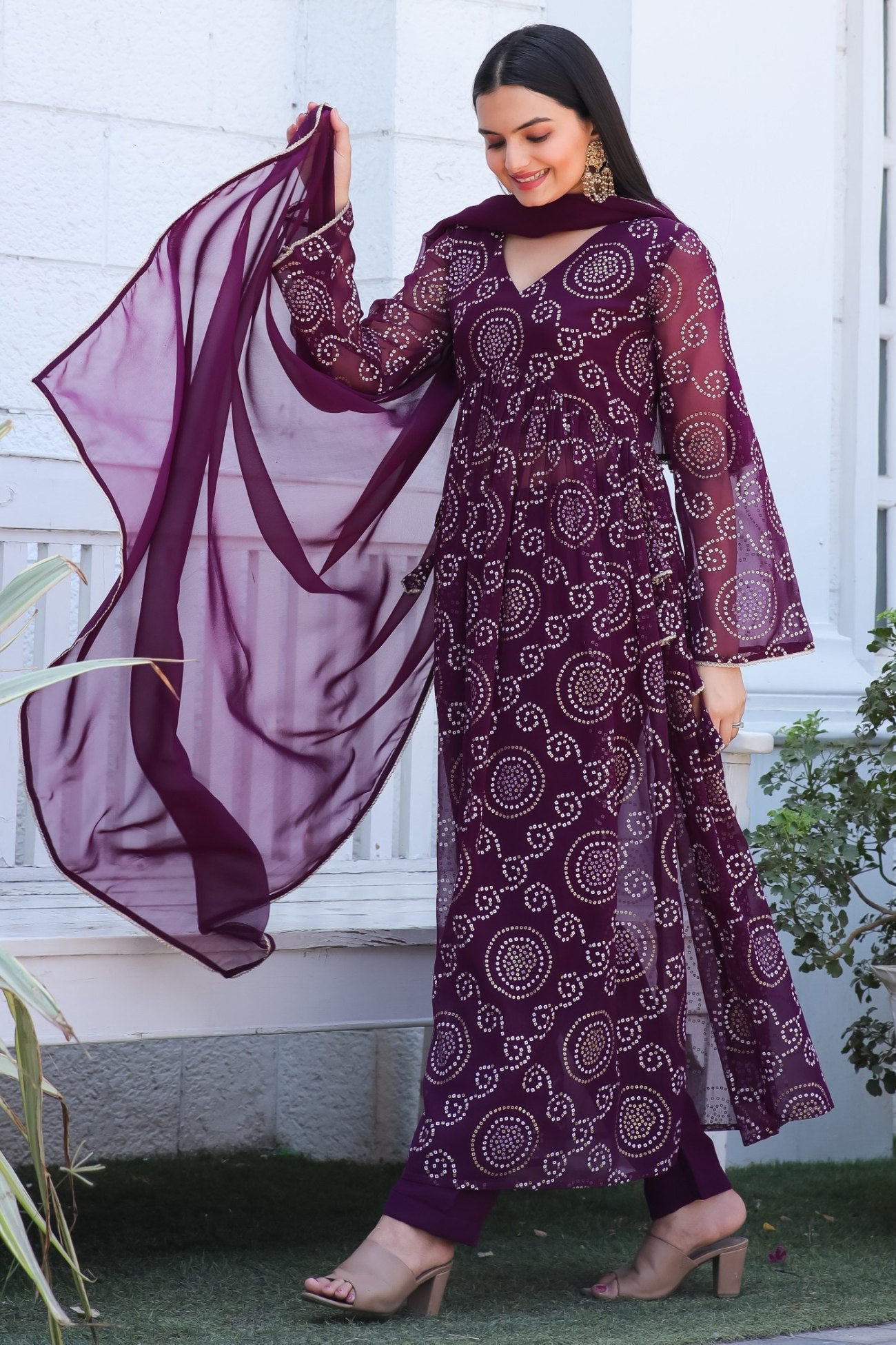 Jyoti Fashion Women's Wine Georgette Bandhani Print Kurta Set with Dupatta | Swadesiicart