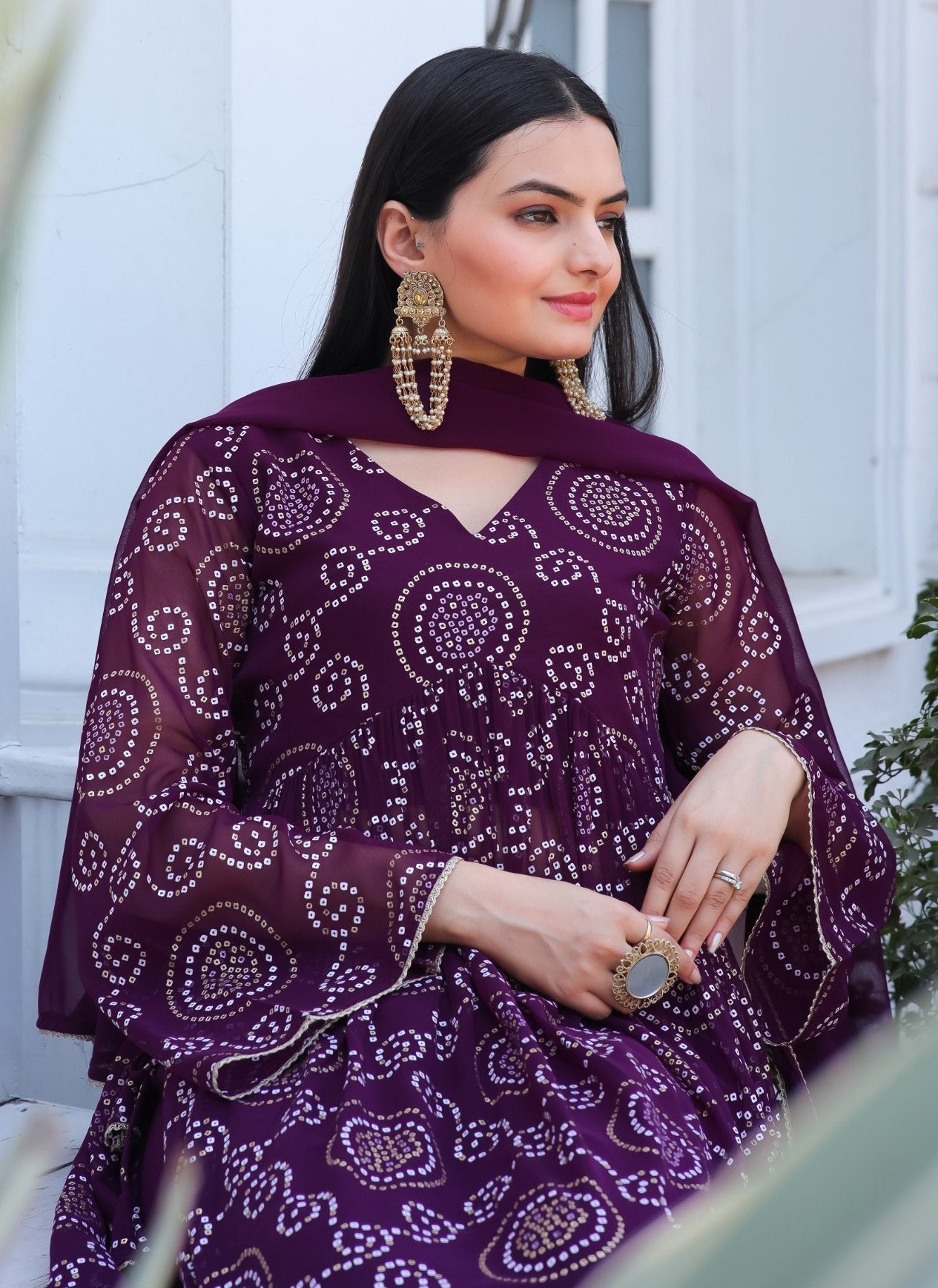 Jyoti Fashion Women's Wine Georgette Bandhani Print Kurta Set with Dupatta | Swadesiicart