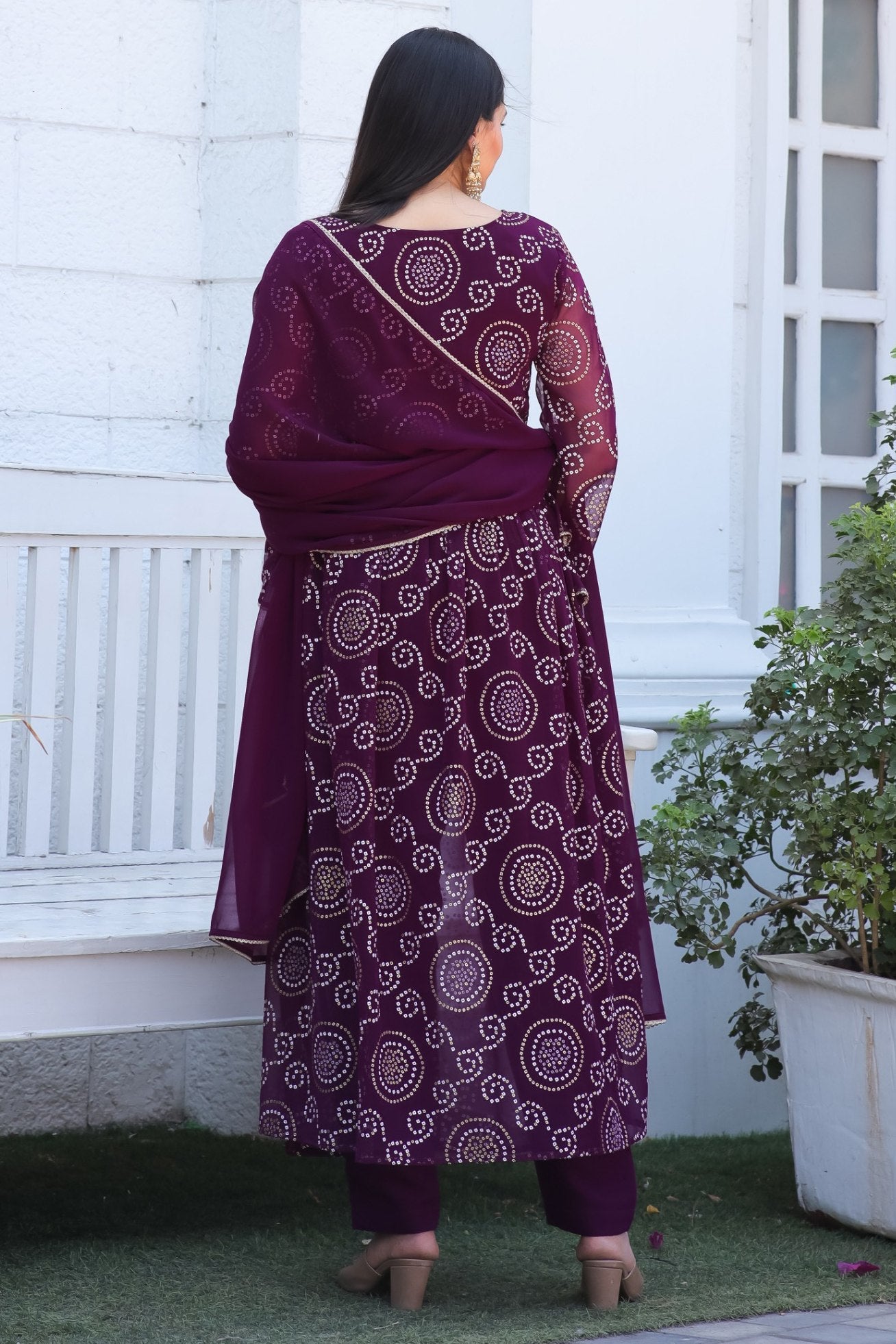 Jyoti Fashion Women's Wine Georgette Bandhani Print Kurta Set with Dupatta | Swadesiicart