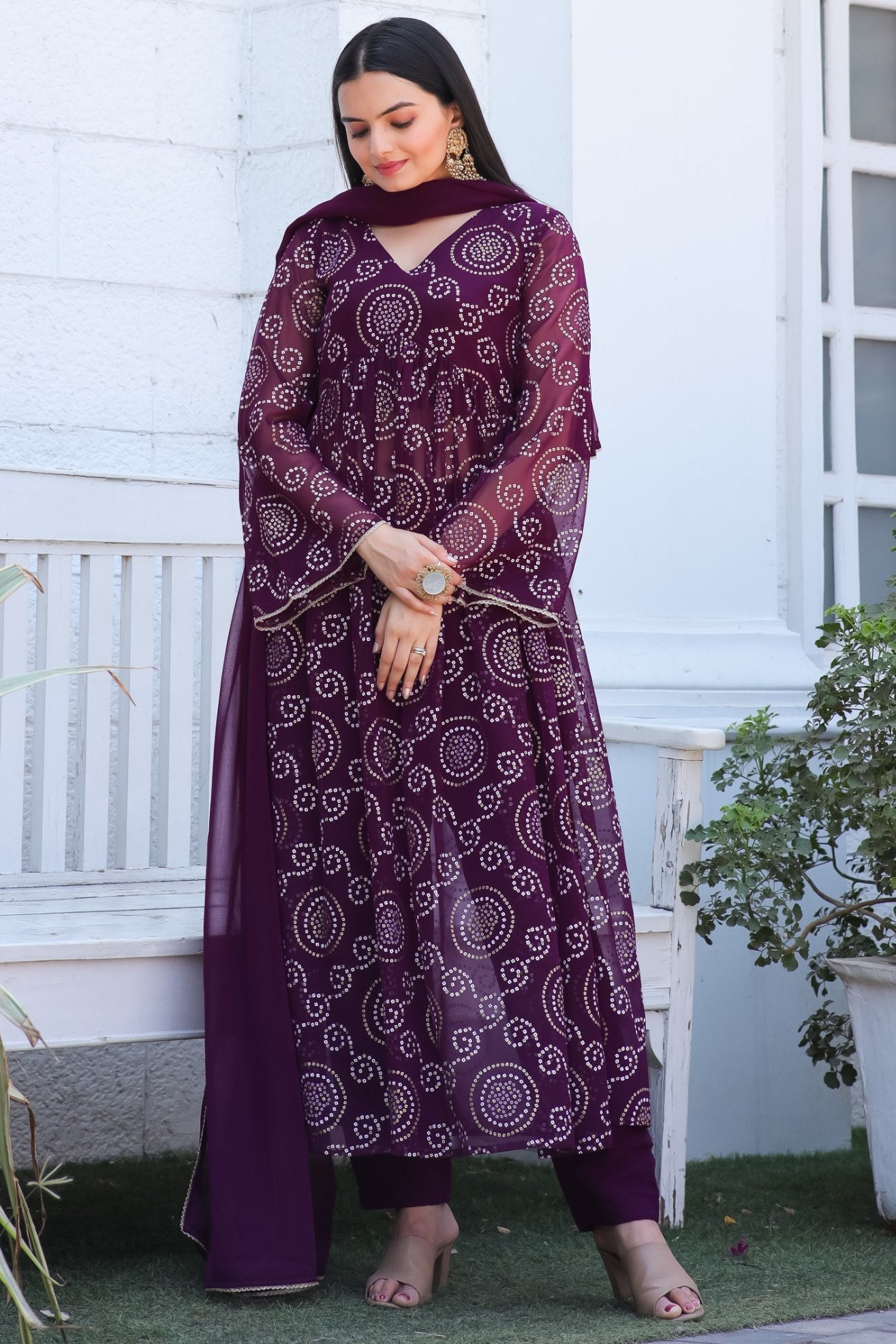Jyoti Fashion Women's Wine Georgette Bandhani Print Kurta Set with Dupatta | Swadesiicart