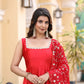 Jyoti Fashion Women's Red Satin Silk Lace Work Gown with Dupatta Set | Swadesiicart