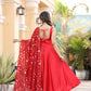 Jyoti Fashion Women's Red Satin Silk Lace Work Gown with Dupatta Set | Swadesiicart