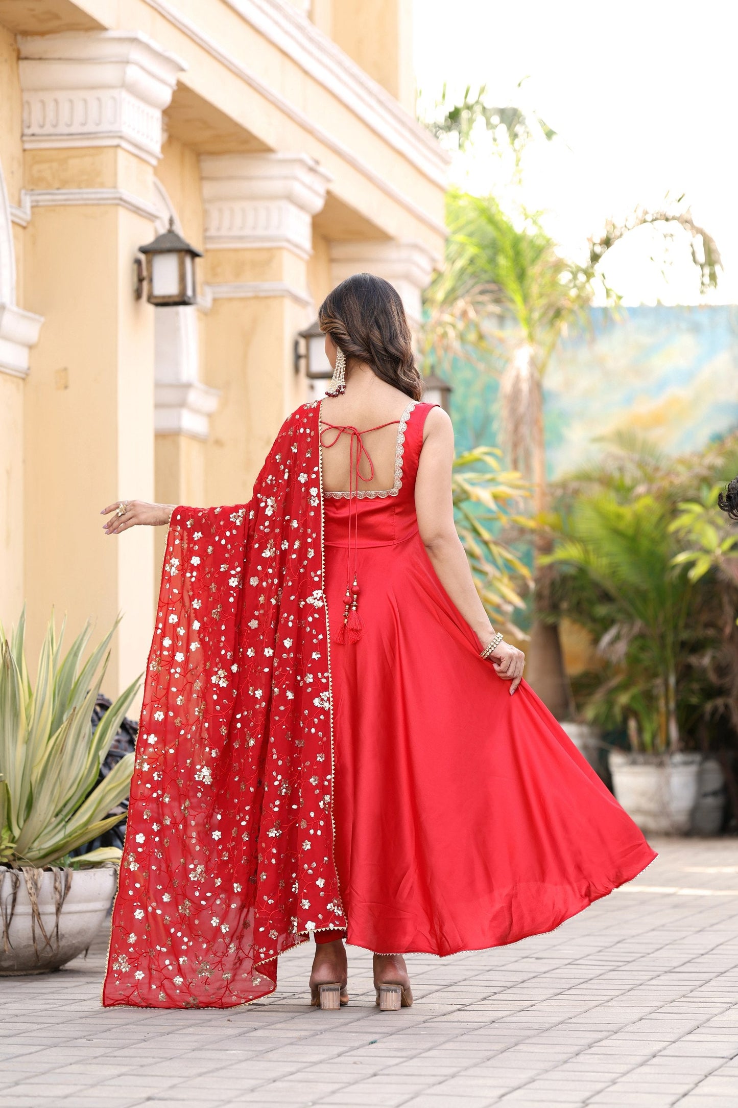 Jyoti Fashion Women's Red Satin Silk Lace Work Gown with Dupatta Set | Swadesiicart