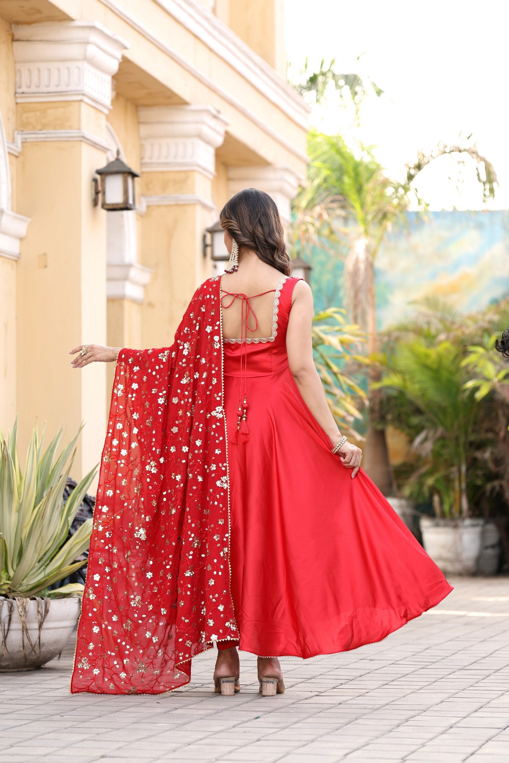 Jyoti Fashion Women's Red Satin Silk Lace Work Gown with Dupatta Set | Swadesiicart