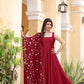 Jyoti Fashion Women's Cherry Red Satin Silk Lace Work Gown with Dupatta Set | Swadesiicart